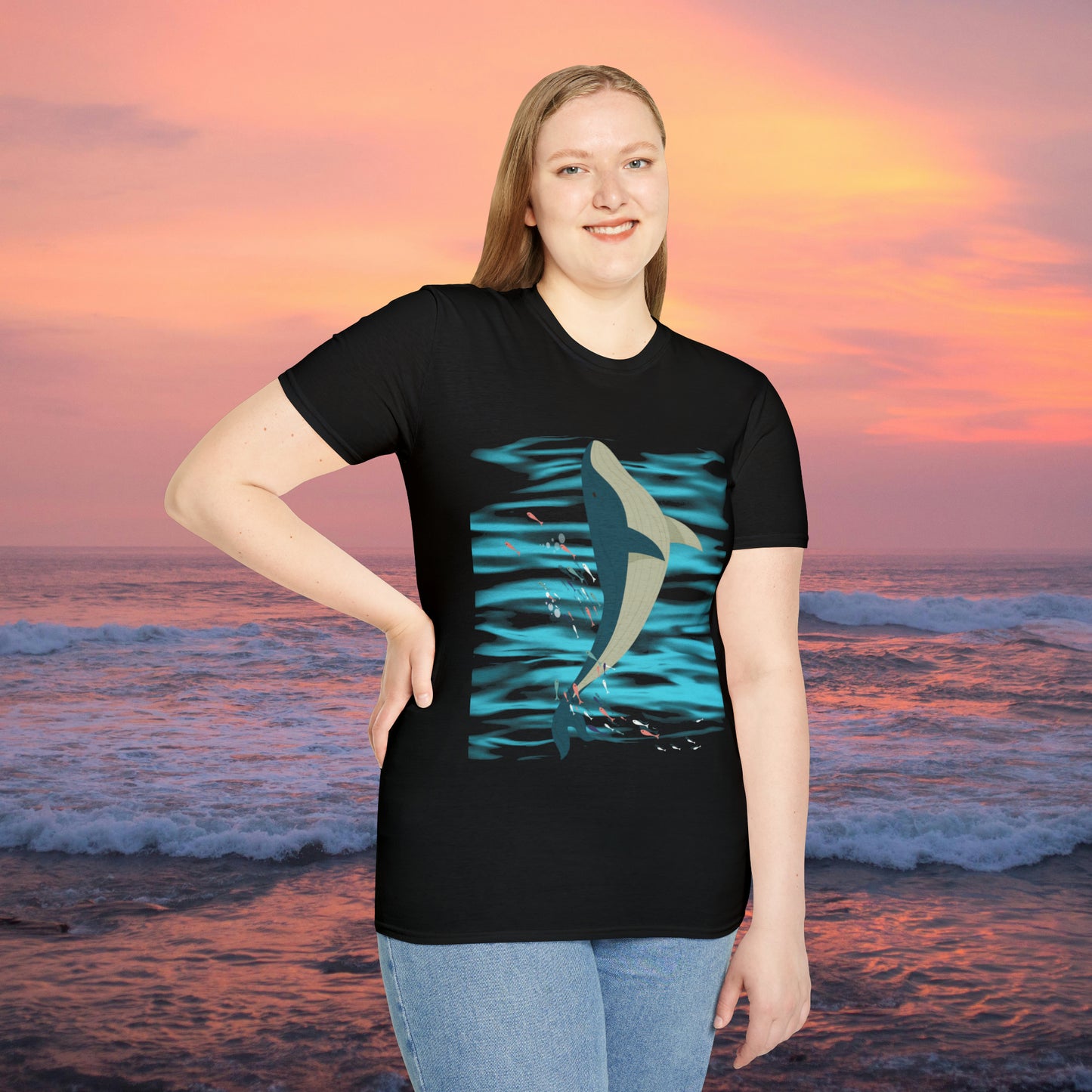 Love whales? Who doesn’t? These magnificent marine mammals are the largest animals to ever exist and some sing beautifully. They inspired this Unisex Softstyle T-Shirt design.