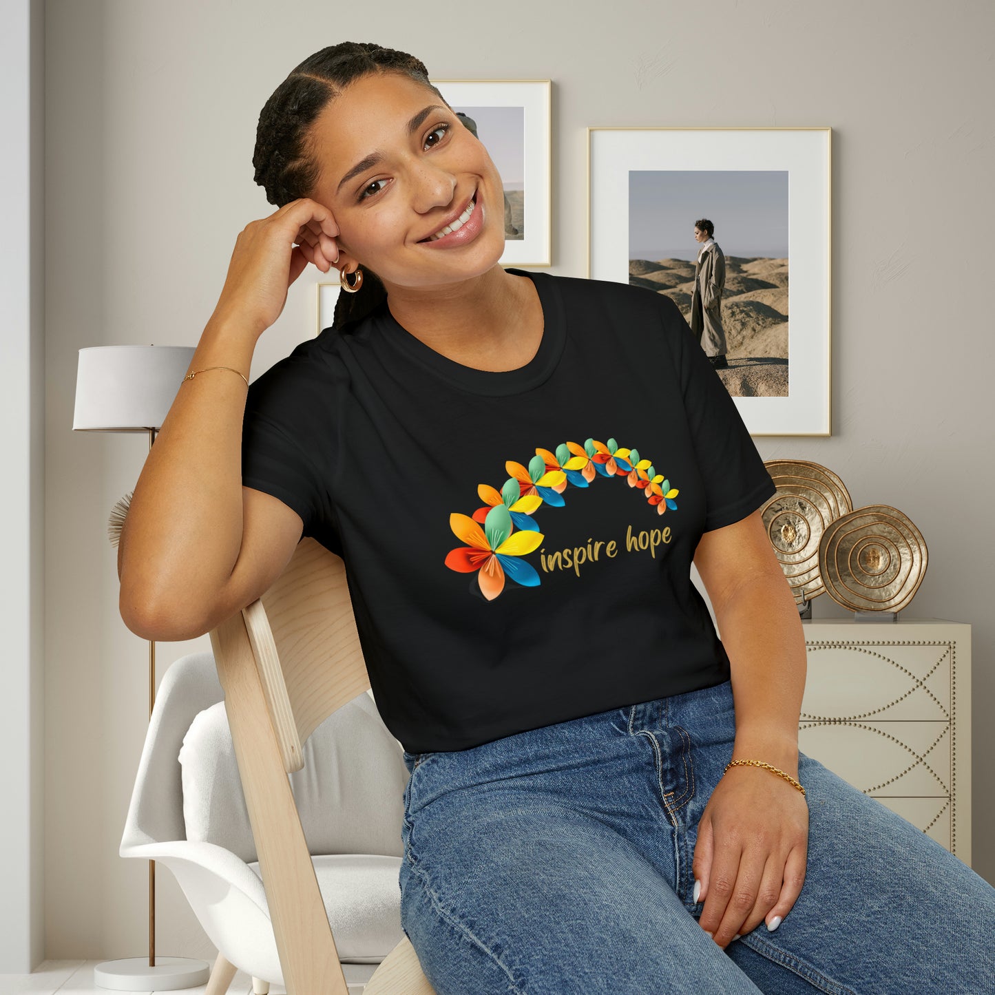 A beautiful origami style flowers in rainbow formation with “inspire hope” below it. We find hope in each other, that is part of our humanity. Be that inspiration, one person at a time. This is a Unisex Softstyle T-Shirt.