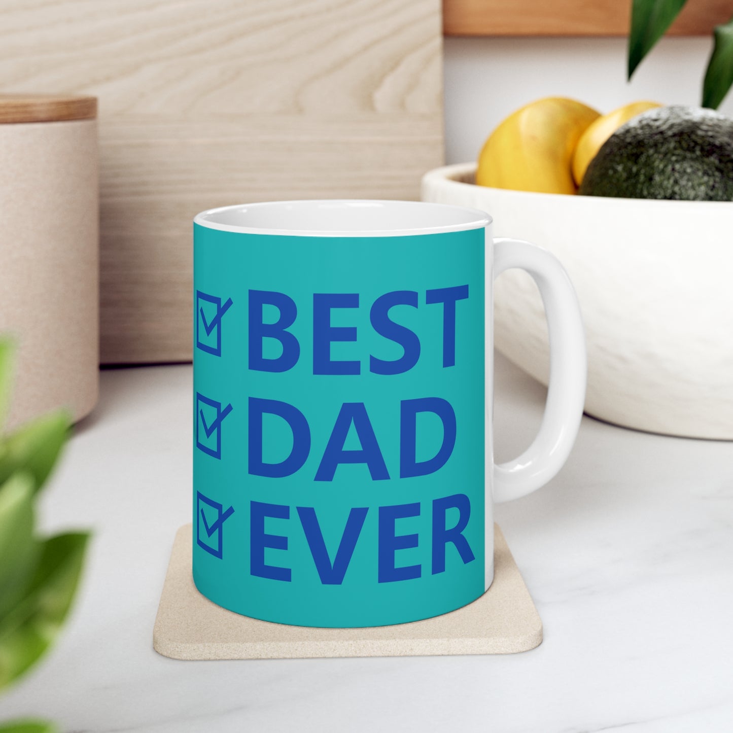 “BEST DAD EVER” on one side and dad happily playing basketball with his son. Part of several mugs to choose from depending on what resonates with you.