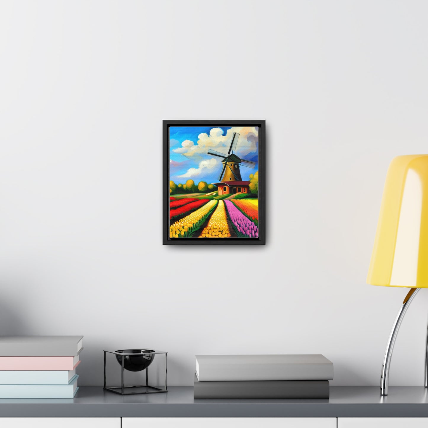 A Dutch windmill with a field of tulips inspired this design on this gallery canvas wrap with vertical frame. Sizes vary.
