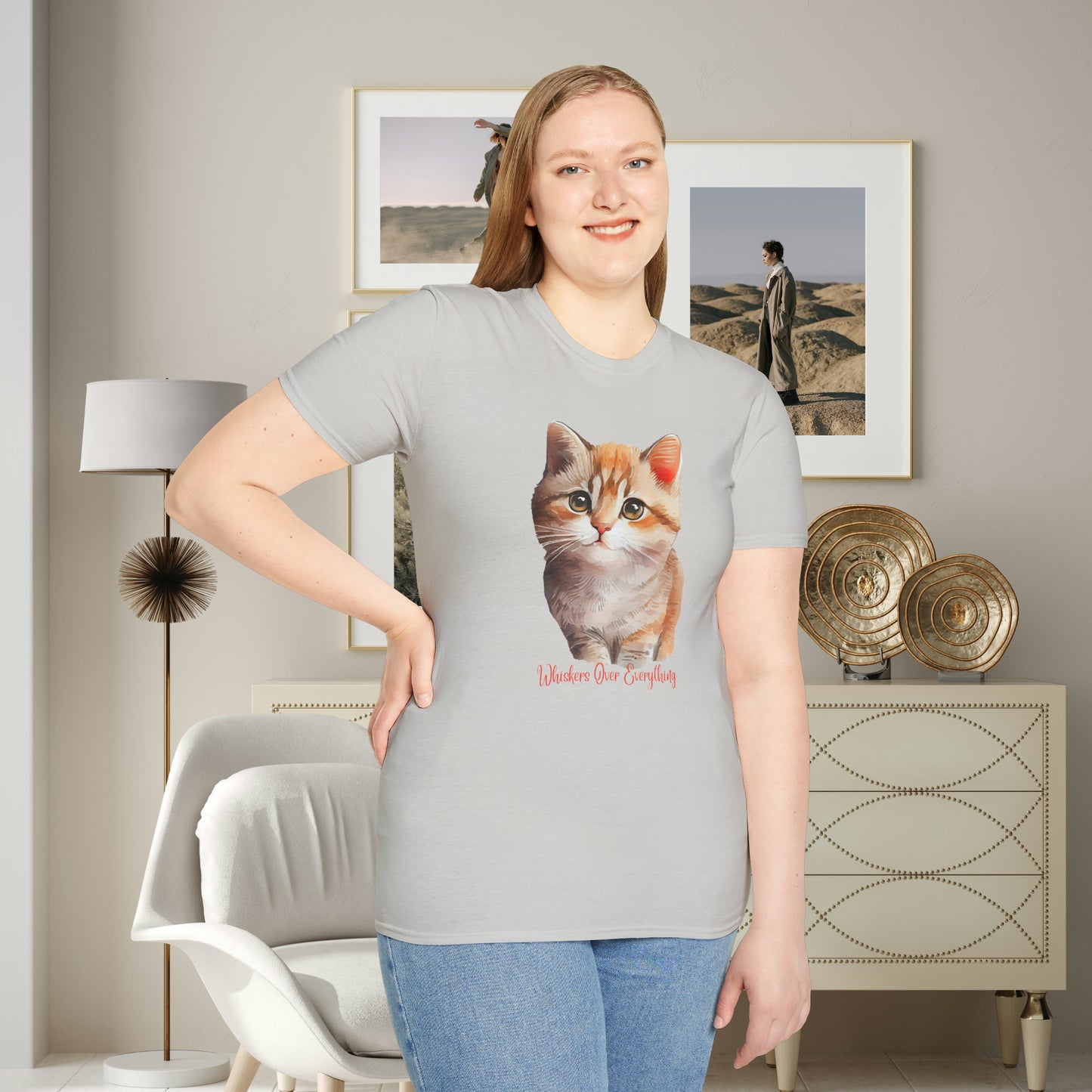 A cute cat with “Whiskers over everything” below it on this Unisex Softstyle T-Shirt. Cat lovers get this.