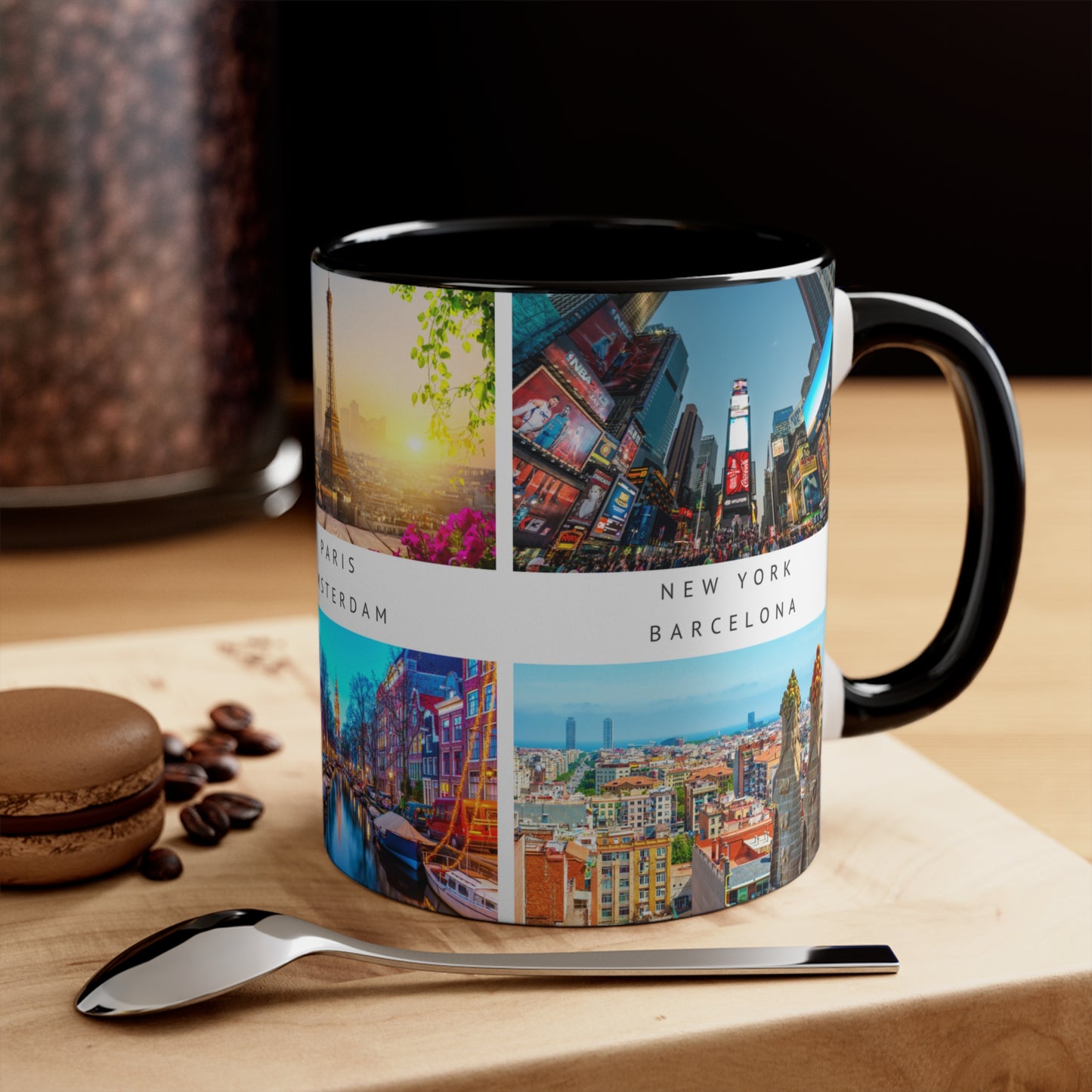 London, Montreal, Paris, Amsterdam, New York and Barcelona! This Travel Accent Coffee Mug is a part of a Travel Series for you to choose from. 11oz. Great as a gift or get one to enjoy yourself.