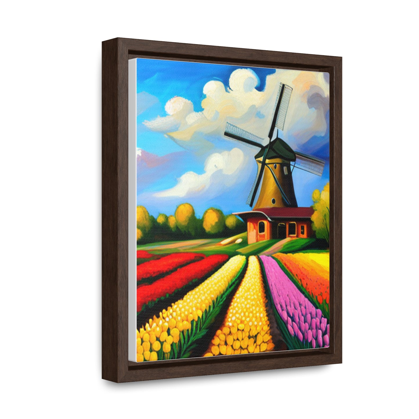 A Dutch windmill with a field of tulips inspired this design on this gallery canvas wrap with vertical frame. Sizes vary.