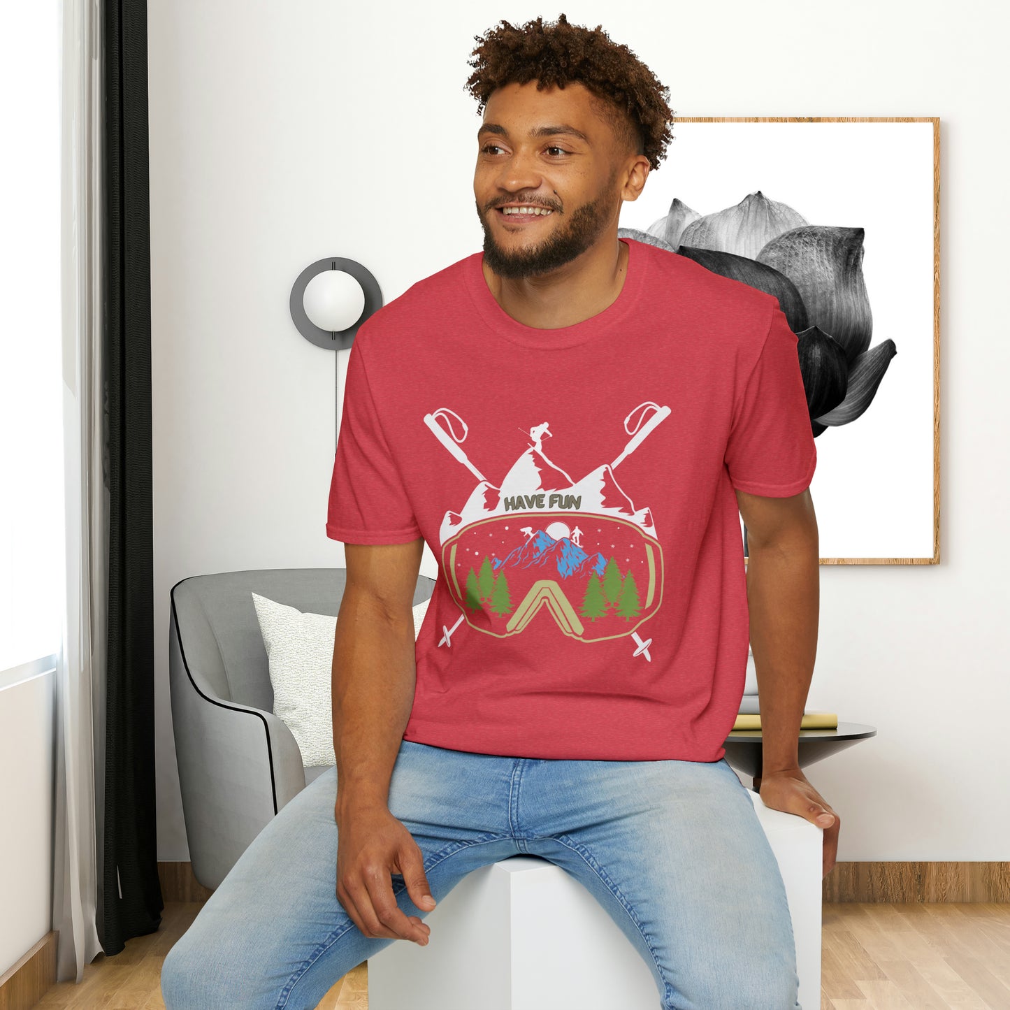 Winter fun! Go ski, snowboard and enjoy all that powder! This is a Unisex Softstyle T-Shirt.
