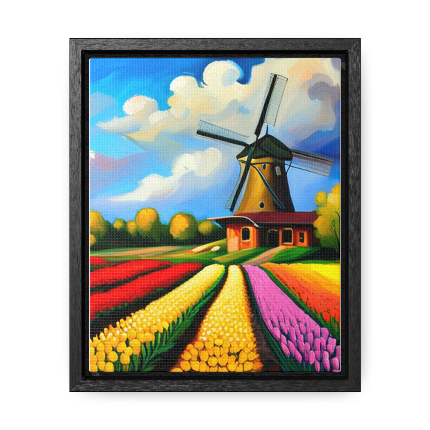 A Dutch windmill with a field of tulips inspired this design on this gallery canvas wrap with vertical frame. Sizes vary.