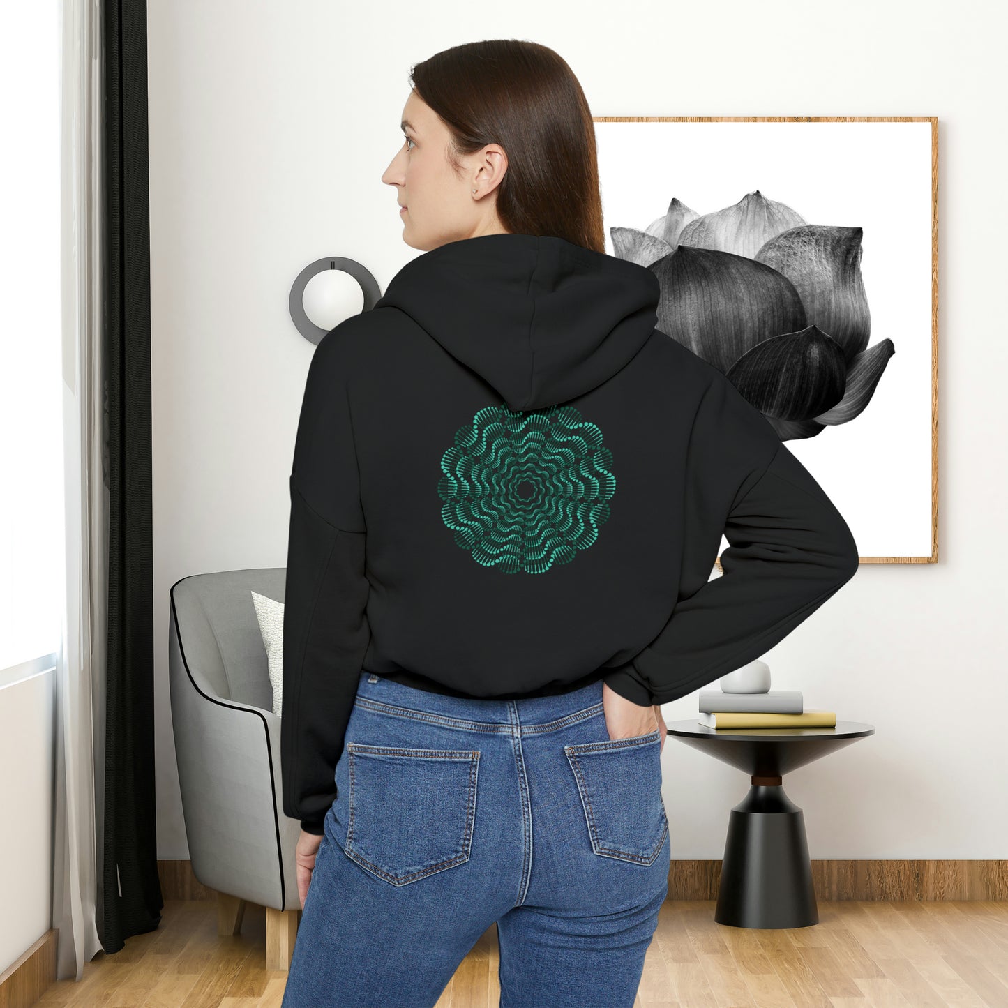Mesmerizing abstract design on the front and back of this Women's Cinched Bottom Hoodie.