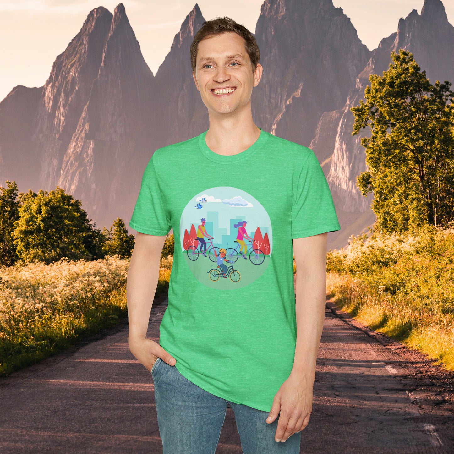 Biking together as a family can be so much fun as shown on this Unisex Softstyle T-Shirt design.