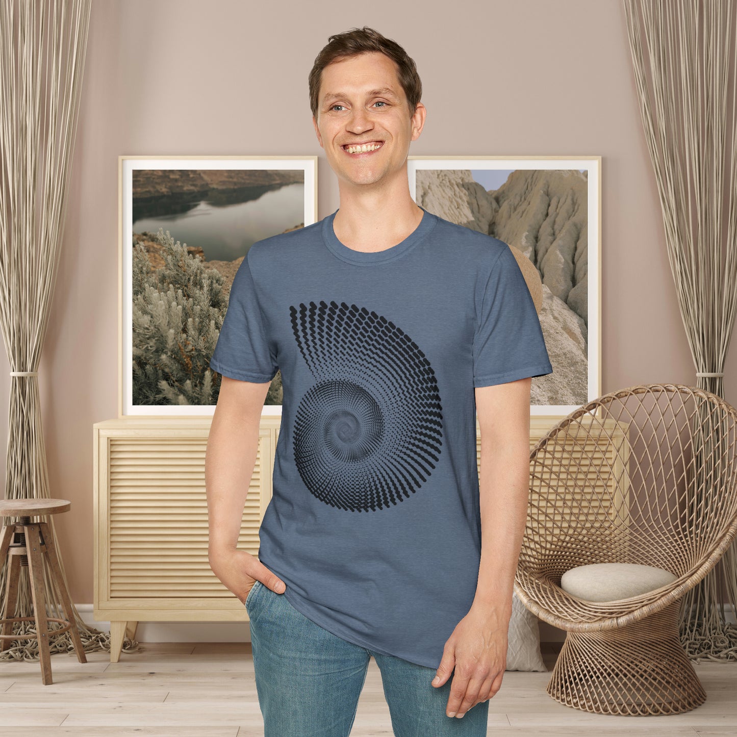 Black nautilus and shell inspired design to celebrate the beauty in nature on this Unisex Softstyle T-Shirt.