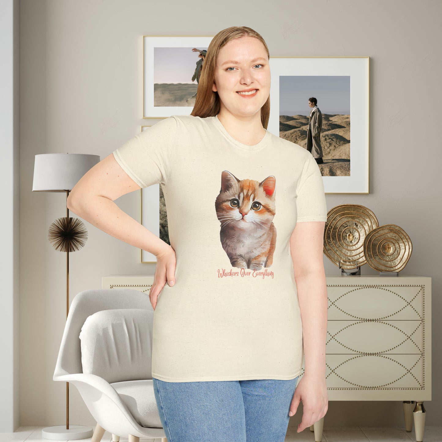 A cute cat with “Whiskers over everything” below it on this Unisex Softstyle T-Shirt. Cat lovers get this.