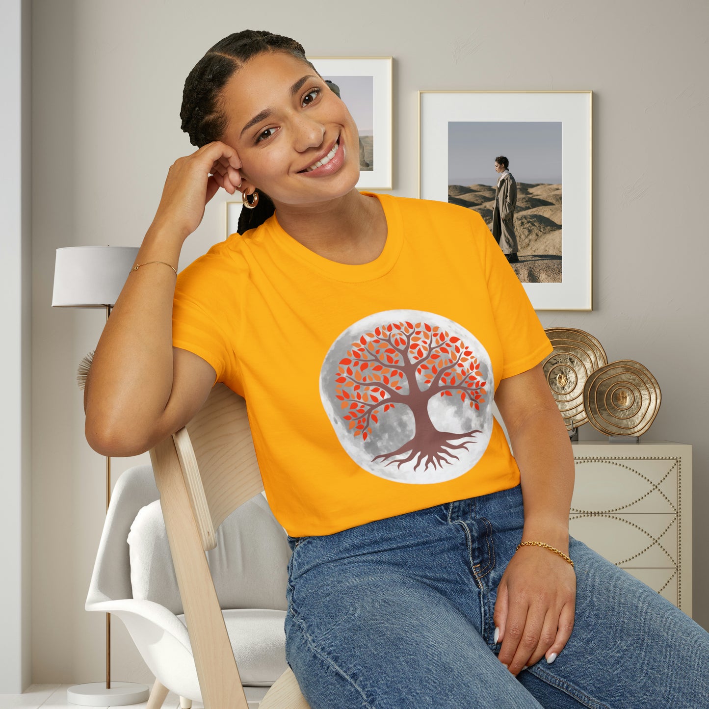 Beautifully strong tree with the moon as its backdrop on this Unisex Softstyle T-Shirt.
