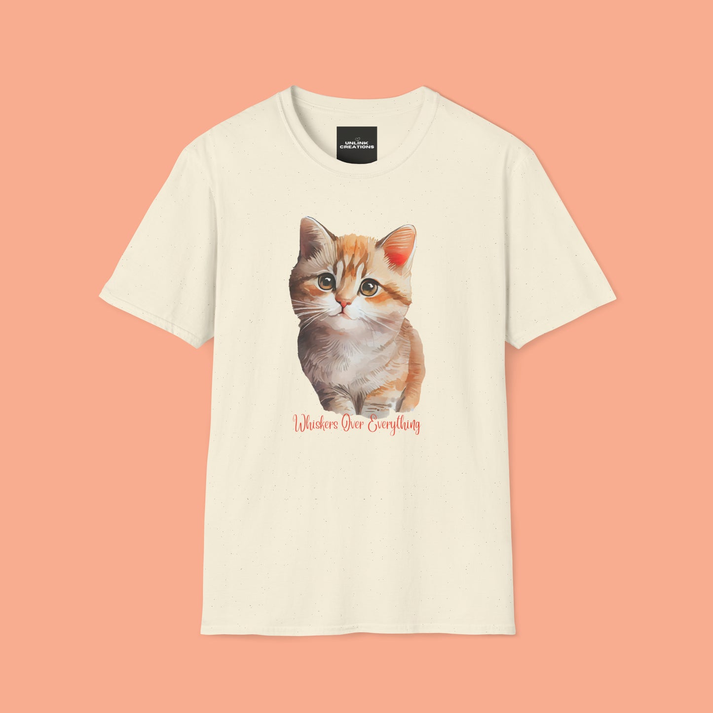 A cute cat with “Whiskers over everything” below it on this Unisex Softstyle T-Shirt. Cat lovers get this.