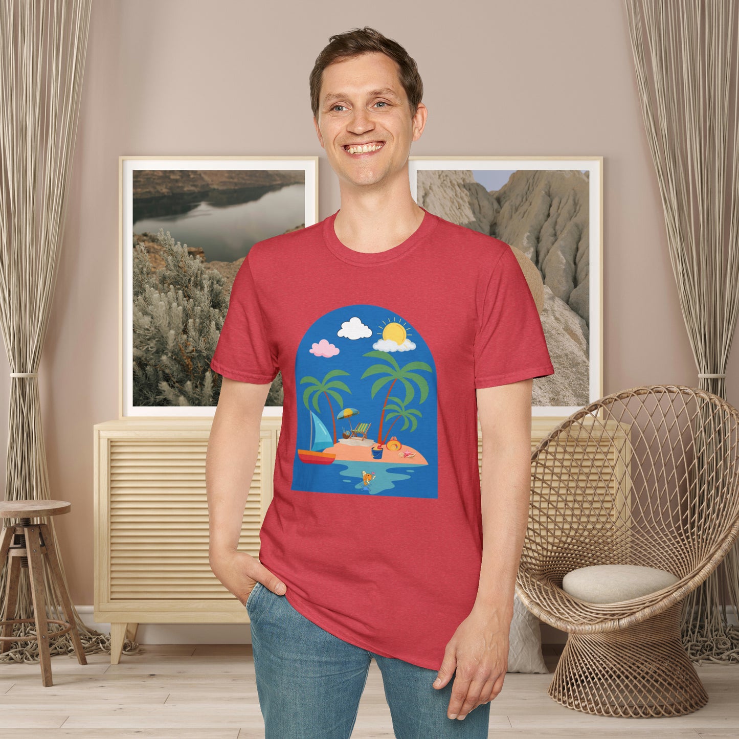 Do you smile when you think of being on an island with the sun, sand and breeze embracing you? This Unisex Softstyle T-Shirt is made for that beach loving person.