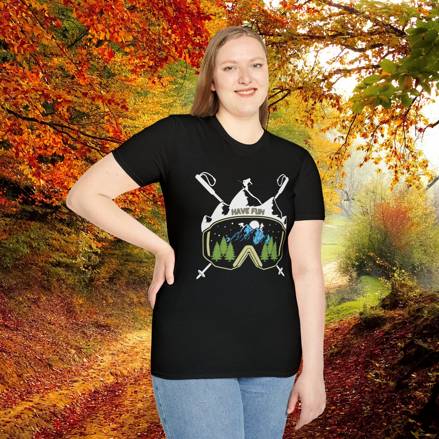 Winter fun! Go ski, snowboard and enjoy all that powder! This is a Unisex Softstyle T-Shirt.