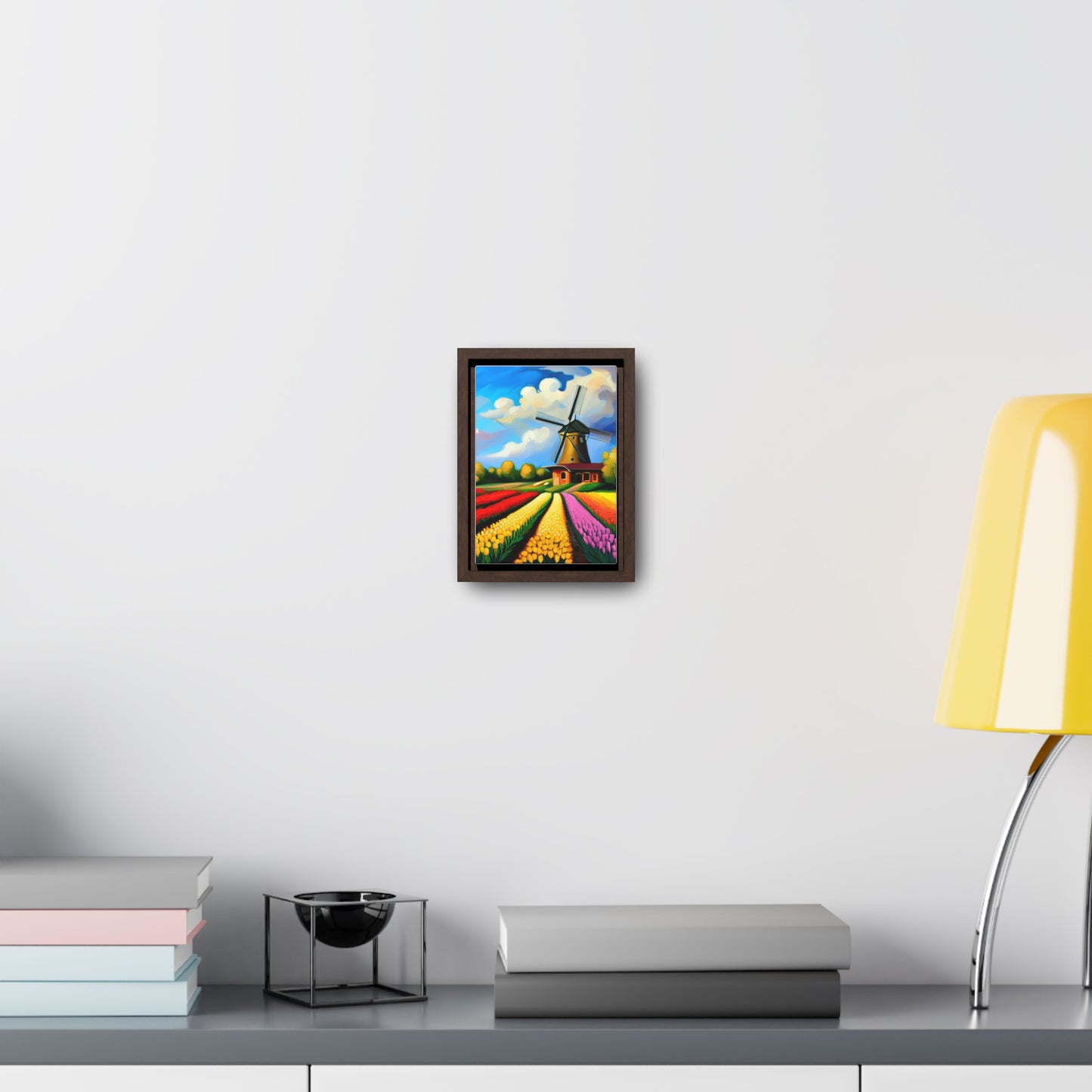 A Dutch windmill with a field of tulips inspired this design on this gallery canvas wrap with vertical frame. Sizes vary.