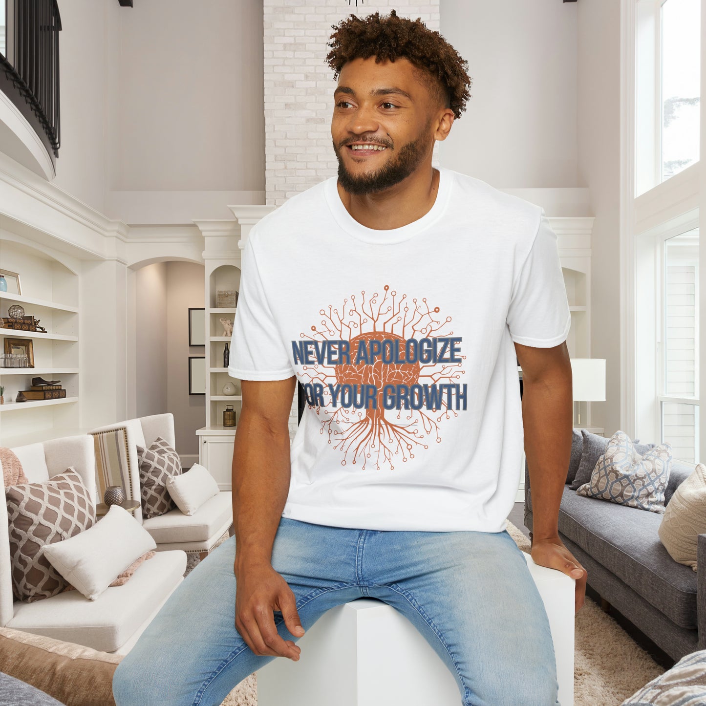 Pretty cool "NEVER APOLOGIZE FOR YOUR GROWTH” message are on this Unisex Softstyle T-Shirt design.
