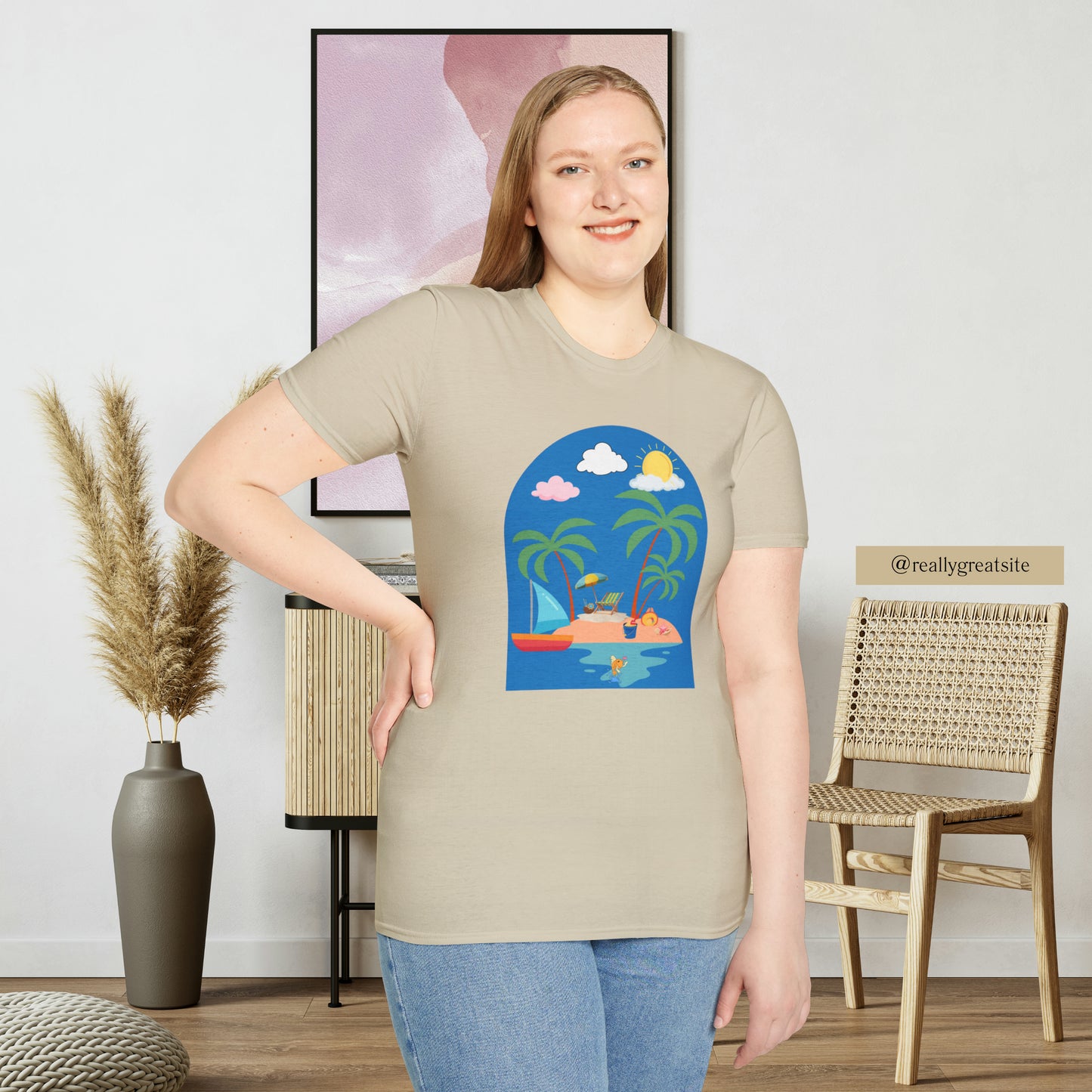 Do you smile when you think of being on an island with the sun, sand and breeze embracing you? This Unisex Softstyle T-Shirt is made for that beach loving person.