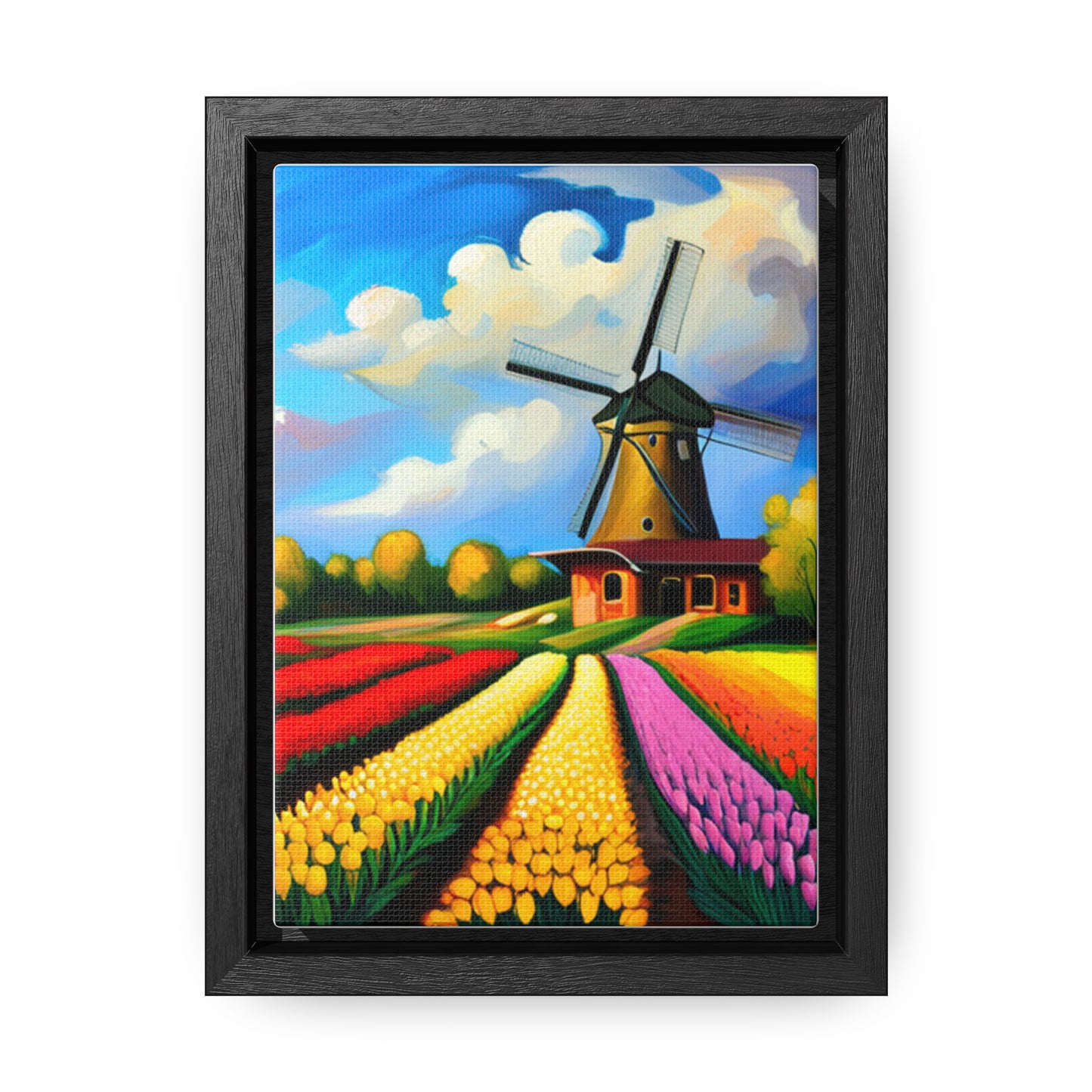 A Dutch windmill with a field of tulips inspired this design on this gallery canvas wrap with vertical frame. Sizes vary.