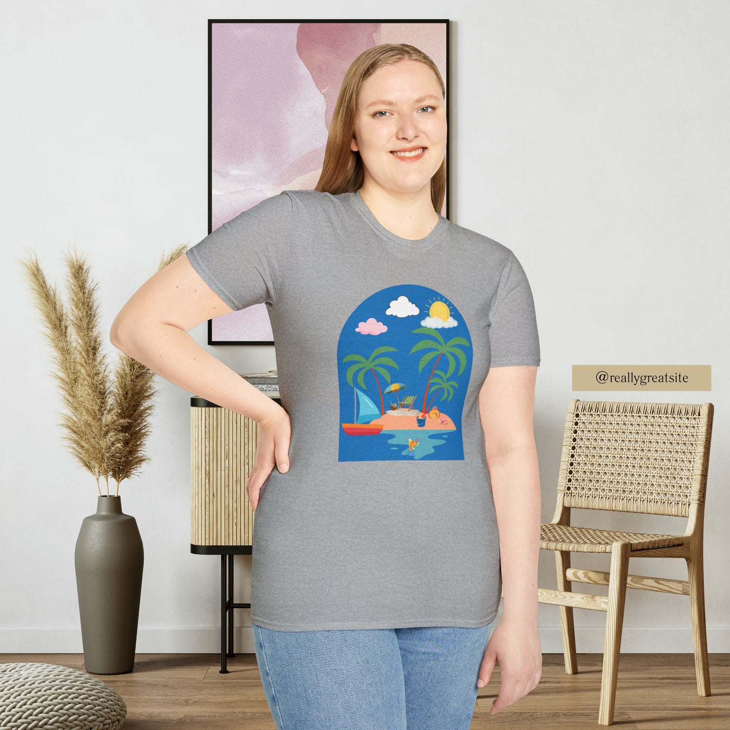 Do you smile when you think of being on an island with the sun, sand and breeze embracing you? This Unisex Softstyle T-Shirt is made for that beach loving person.