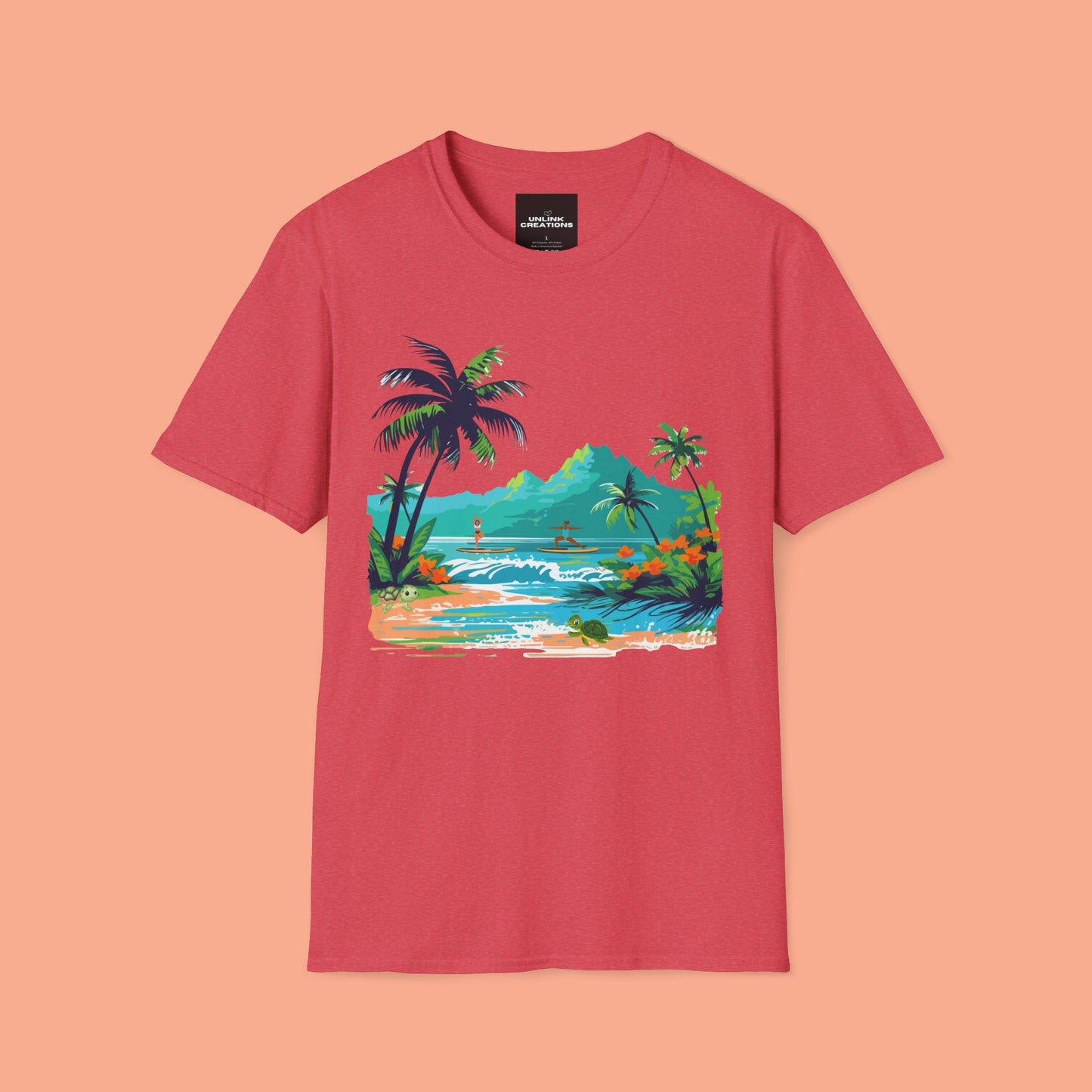 A peaceful paddle board yoga, anyone? With turtles, palm trees and yes the ocean and mountains. Enjoy! A Unisex Softstyle T-Shirt.