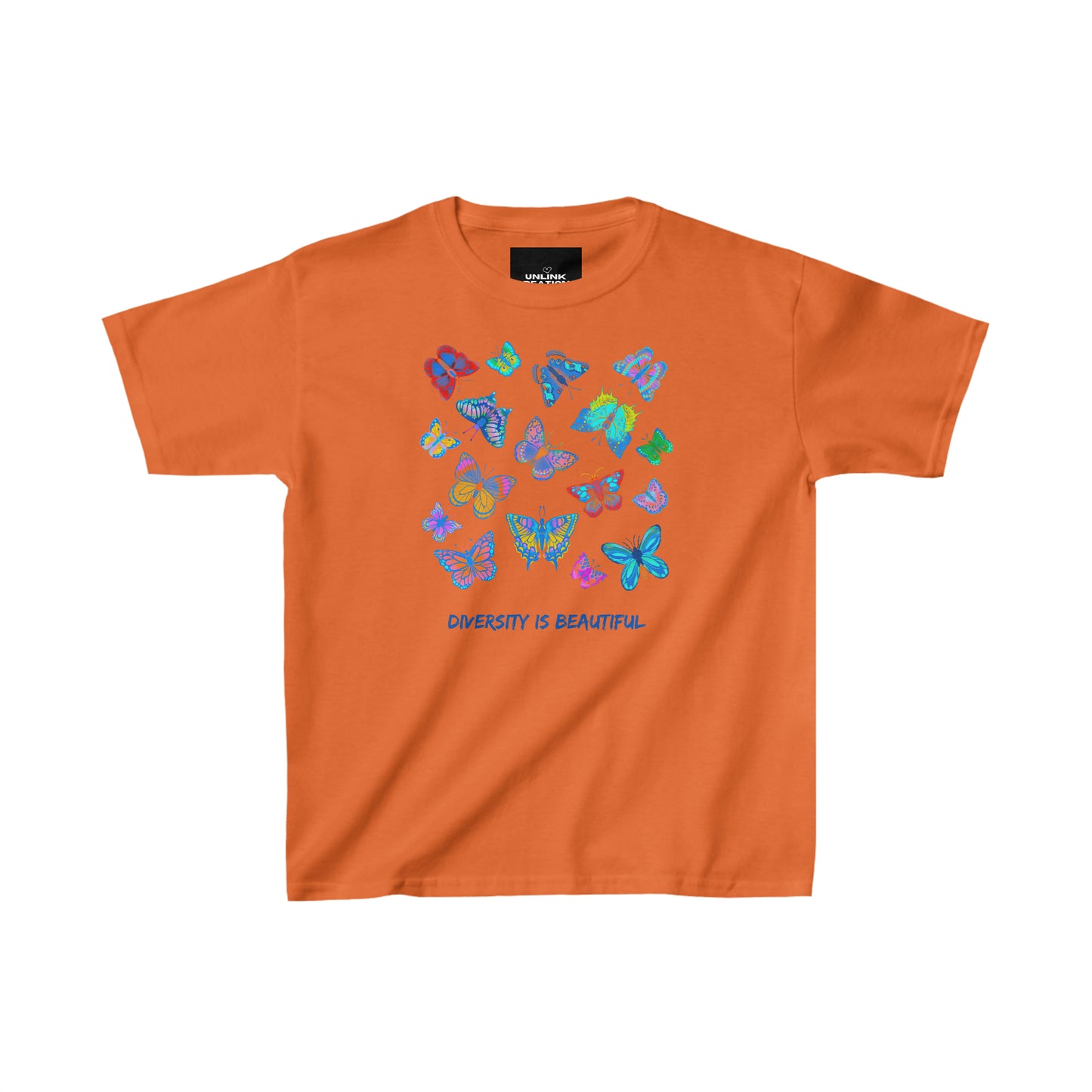 Lovely butterflies above “diversity is beautiful” message on this Kids Heavy Cotton™ Tee