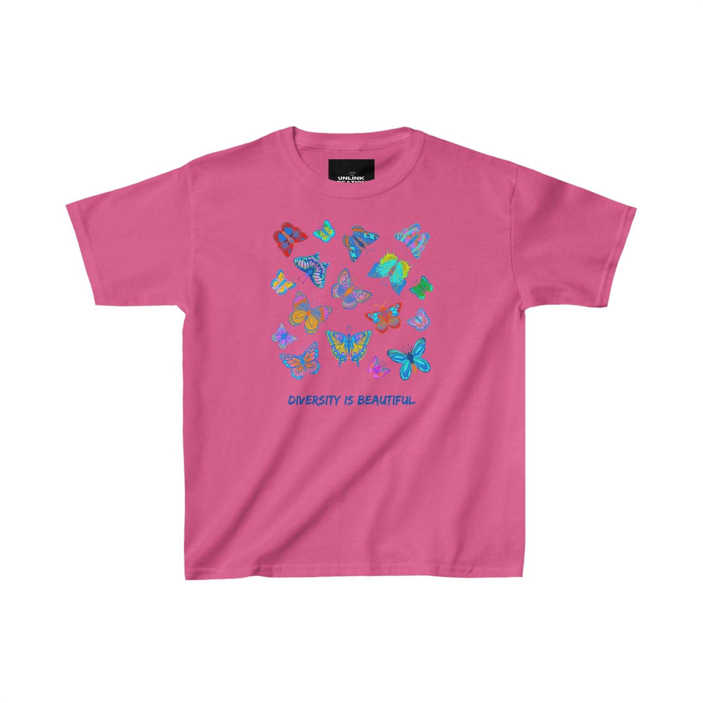 Lovely butterflies above “diversity is beautiful” message on this Kids Heavy Cotton™ Tee
