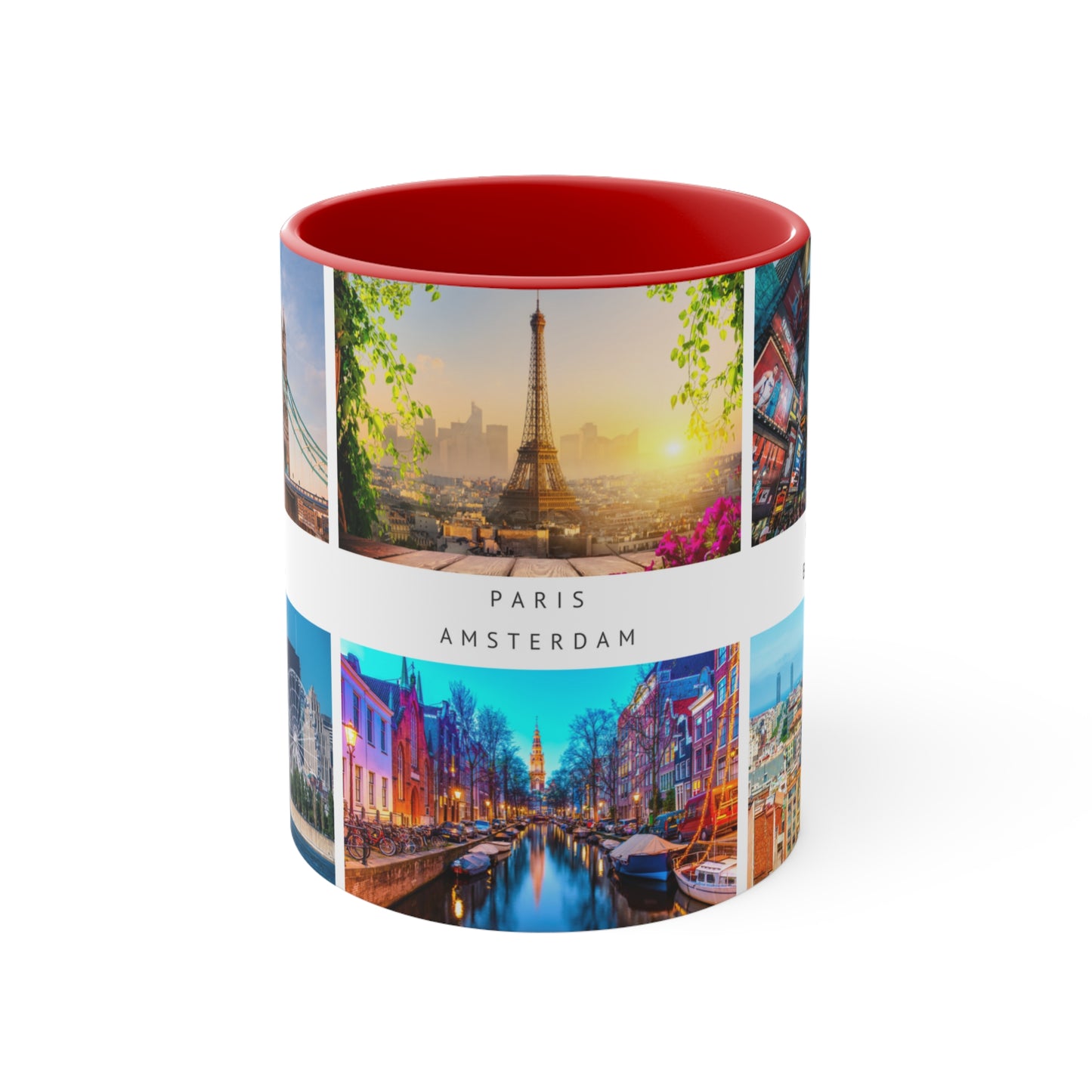 London, Montreal, Paris, Amsterdam, New York and Barcelona! This Travel Accent Coffee Mug is a part of a Travel Series for you to choose from. 11oz. Great as a gift or get one to enjoy yourself.