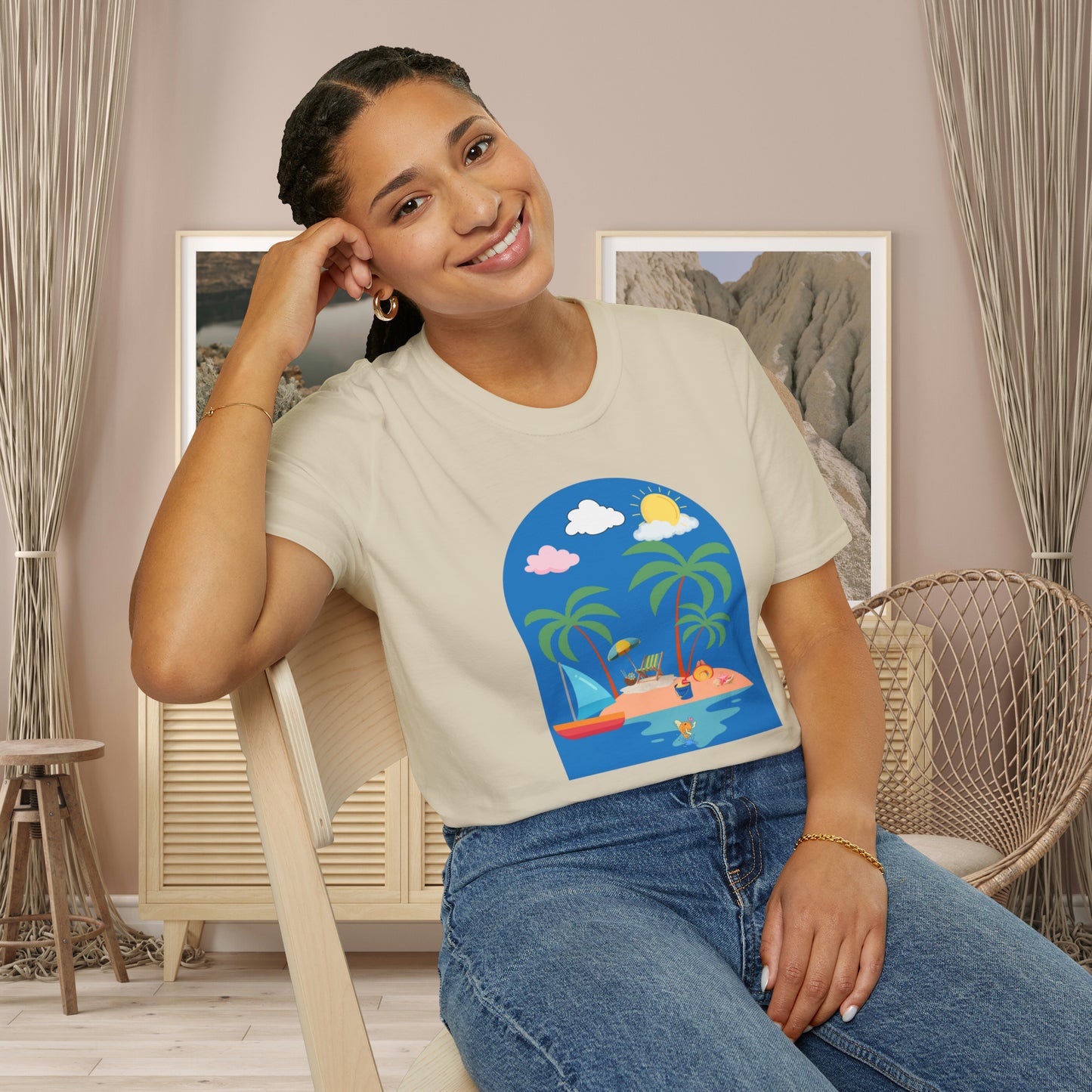 Do you smile when you think of being on an island with the sun, sand and breeze embracing you? This Unisex Softstyle T-Shirt is made for that beach loving person.