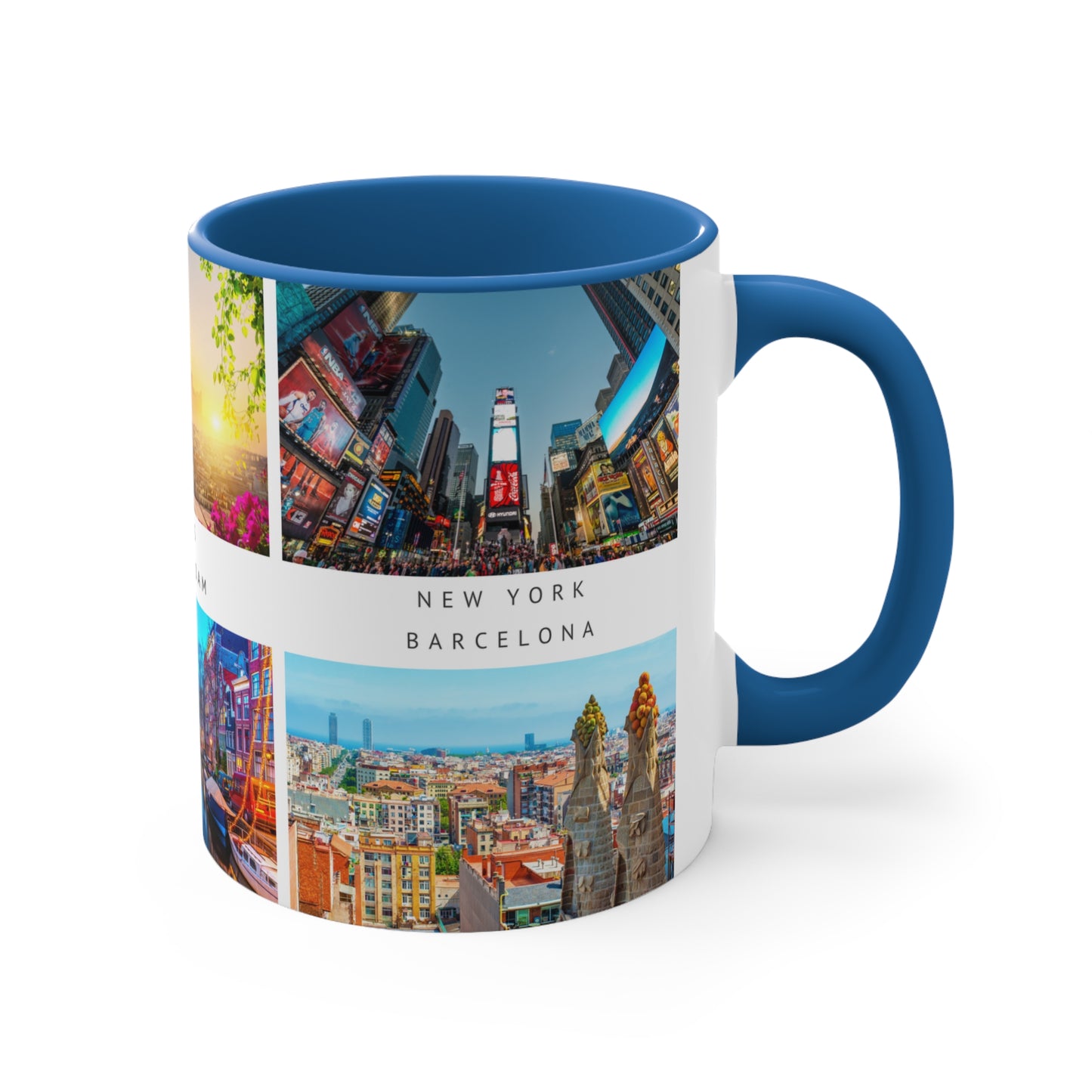 London, Montreal, Paris, Amsterdam, New York and Barcelona! This Travel Accent Coffee Mug is a part of a Travel Series for you to choose from. 11oz. Great as a gift or get one to enjoy yourself.
