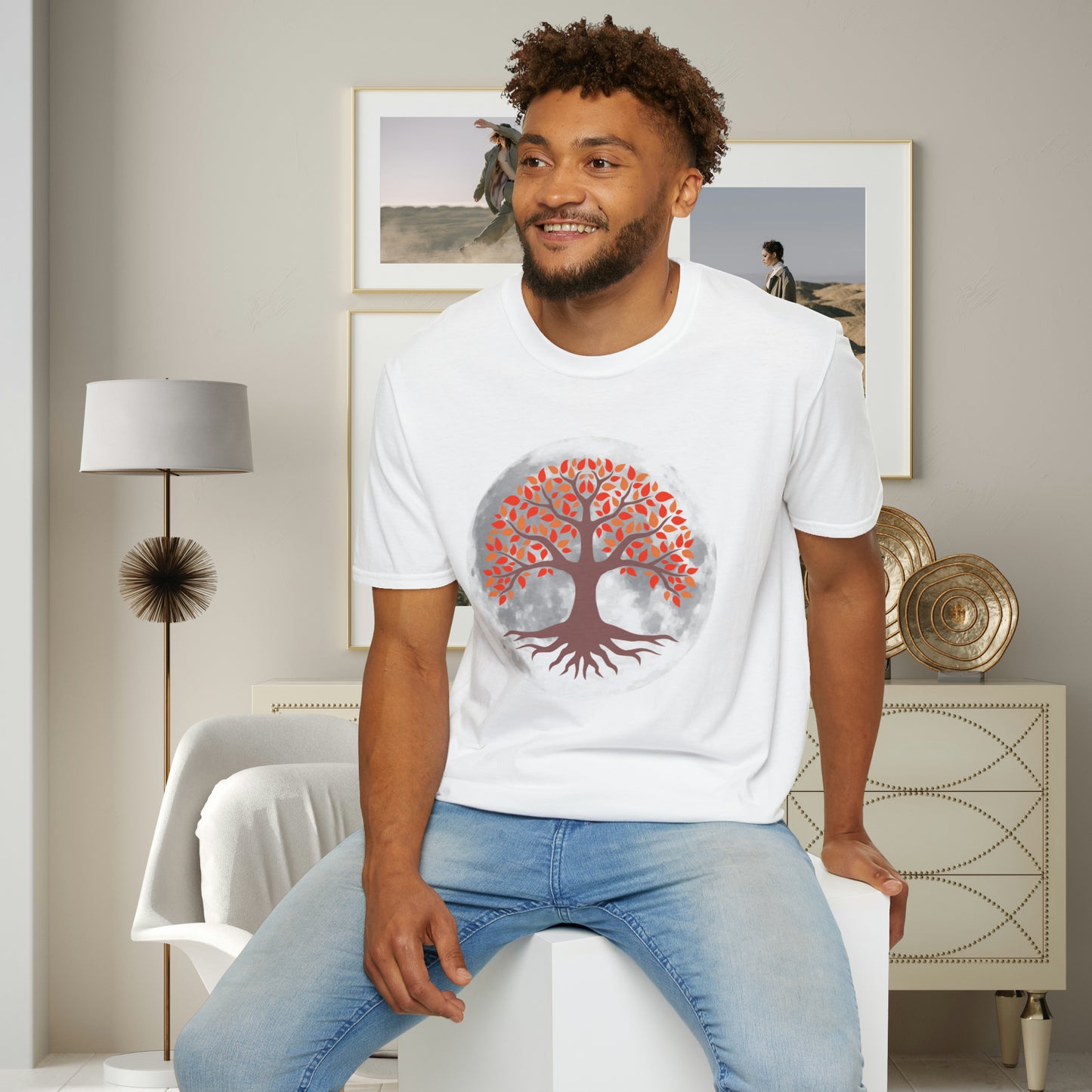 Beautifully strong tree with the moon as its backdrop on this Unisex Softstyle T-Shirt.