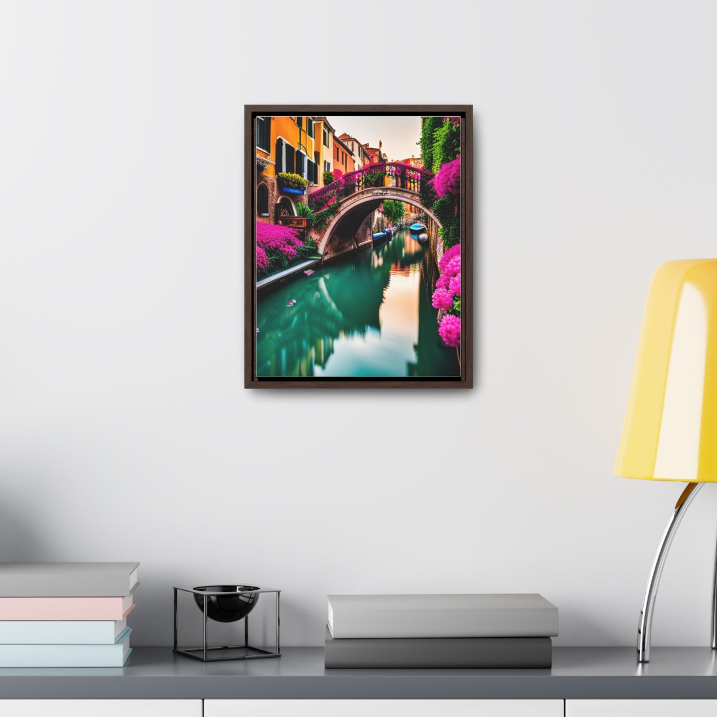A colorful Venice inspired depiction on this gallery canvas wrap with vertical frame. Sizes vary.