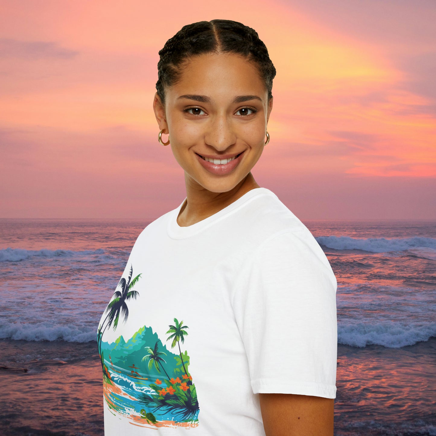 A peaceful paddle board yoga, anyone? With turtles, palm trees and yes the ocean and mountains. Enjoy! A Unisex Softstyle T-Shirt.