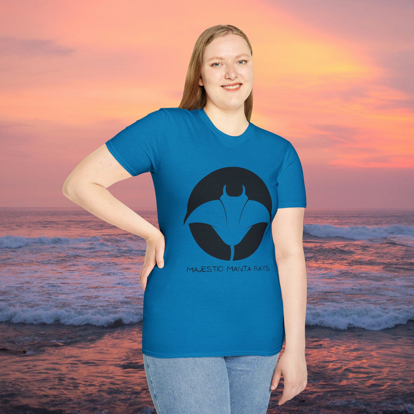Black and white Majestic Manta Rays Design on this Unisex Softstyle T-Shirt. These giants seemingly fly through the water so gracefully, just watch and don’t touch.