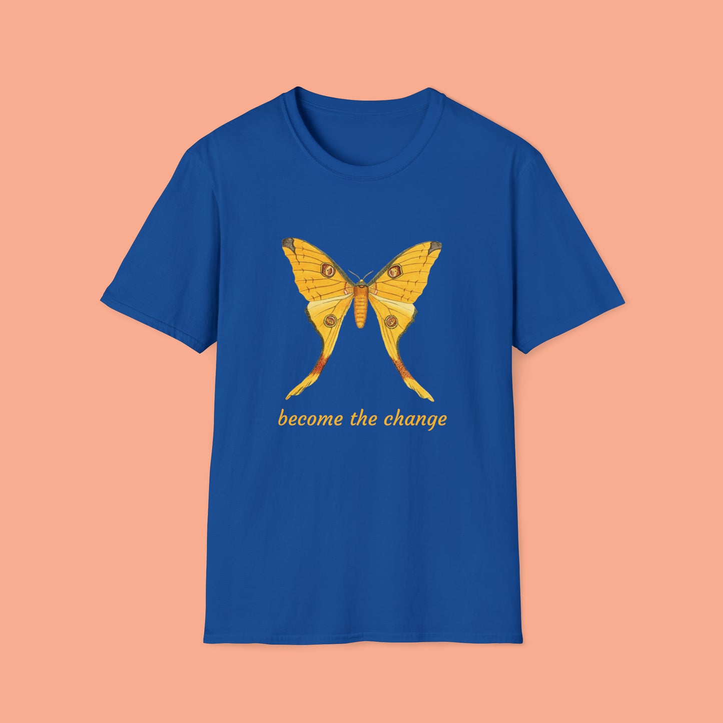 Beautiful butterfly “become the change” Unisex Softstyle T-Shirt design. A great and timeless message on a shirt.