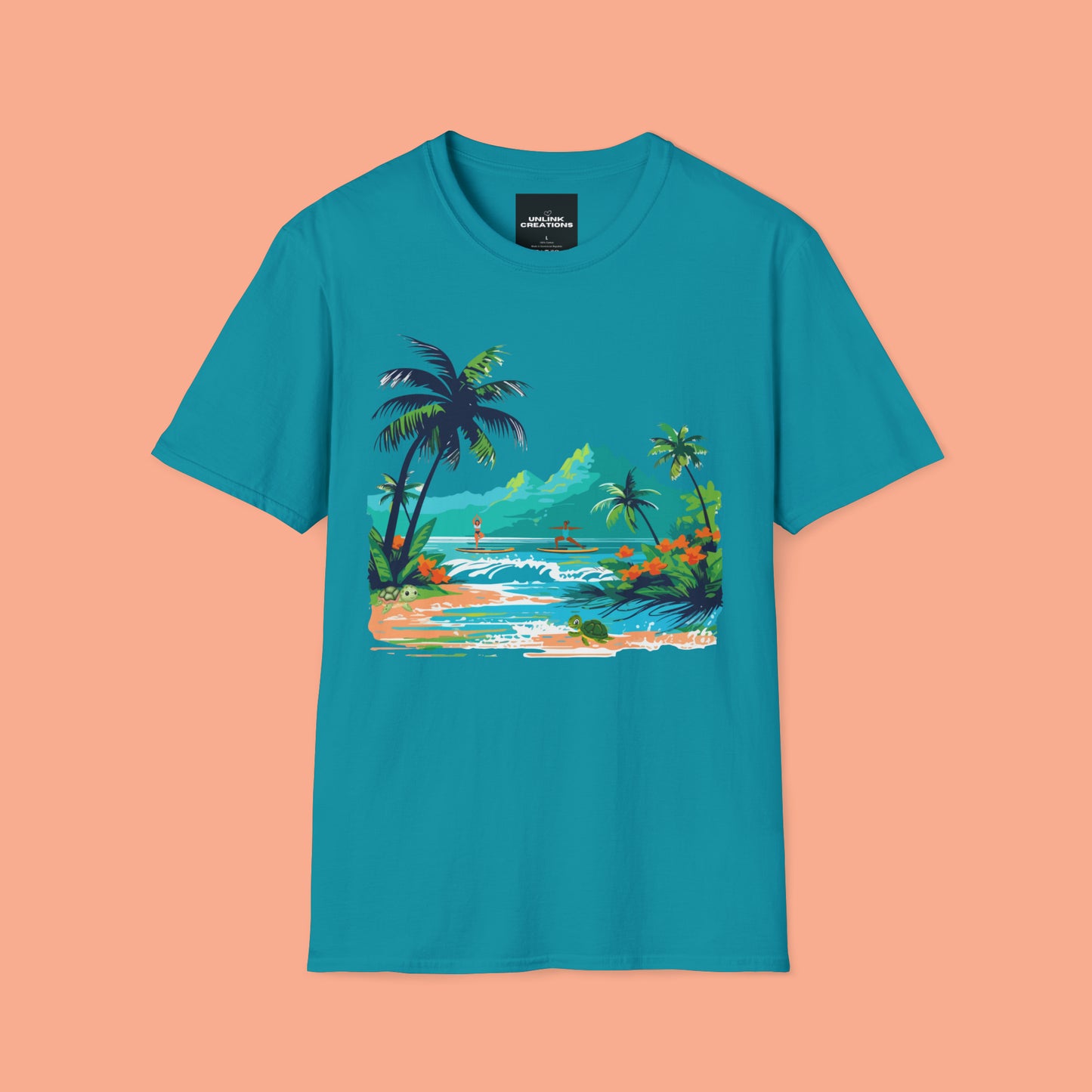 A peaceful paddle board yoga, anyone? With turtles, palm trees and yes the ocean and mountains. Enjoy! A Unisex Softstyle T-Shirt.
