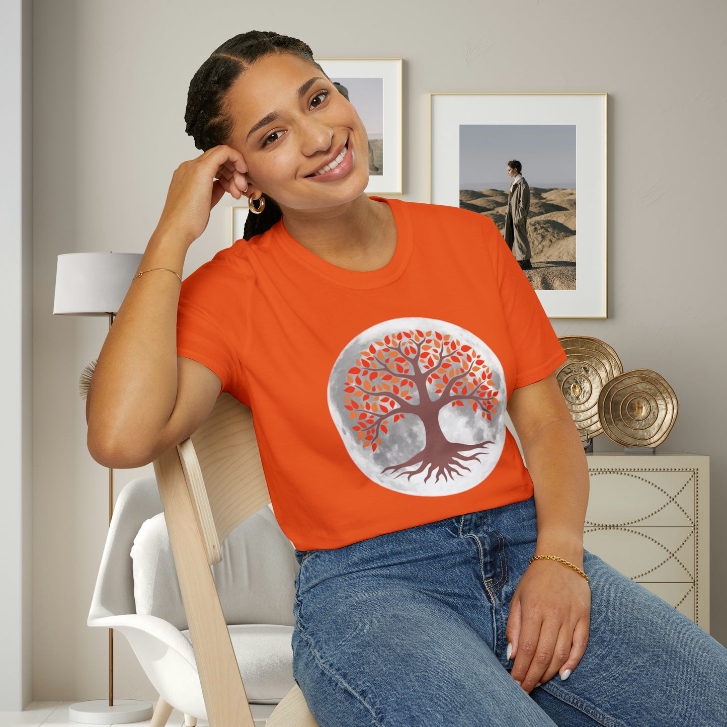 Beautifully strong tree with the moon as its backdrop on this Unisex Softstyle T-Shirt.
