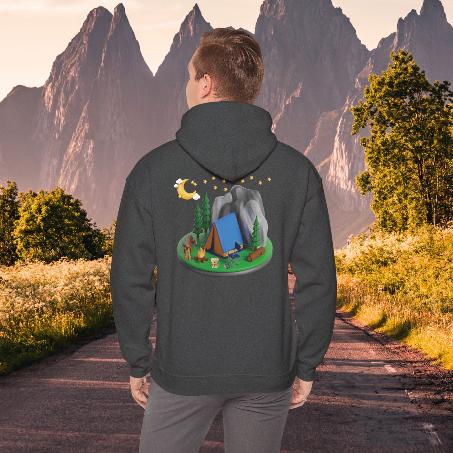 Mountain Camping Unisex Hoodie - Night Time Adventure with Your Dog