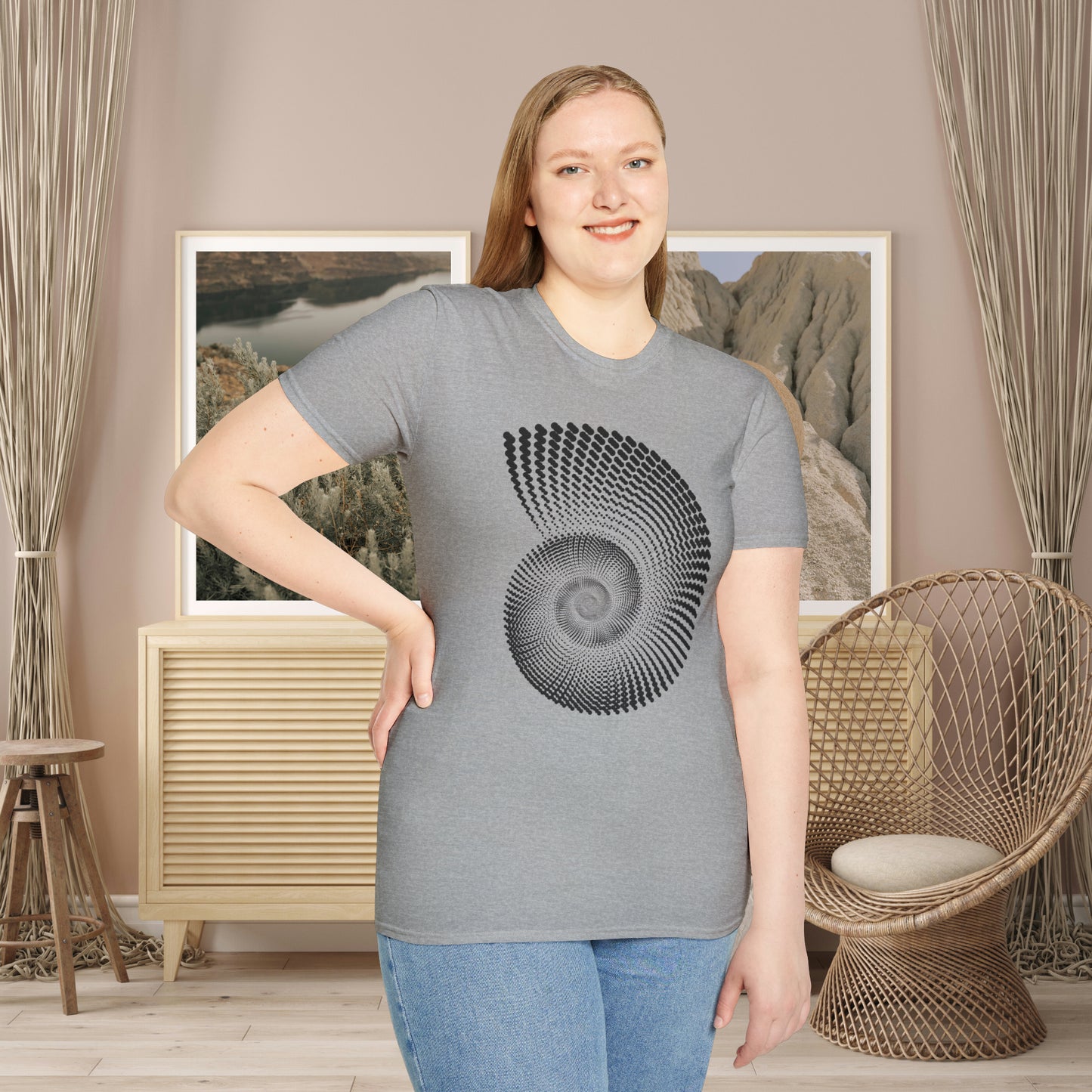 Black nautilus and shell inspired design to celebrate the beauty in nature on this Unisex Softstyle T-Shirt.