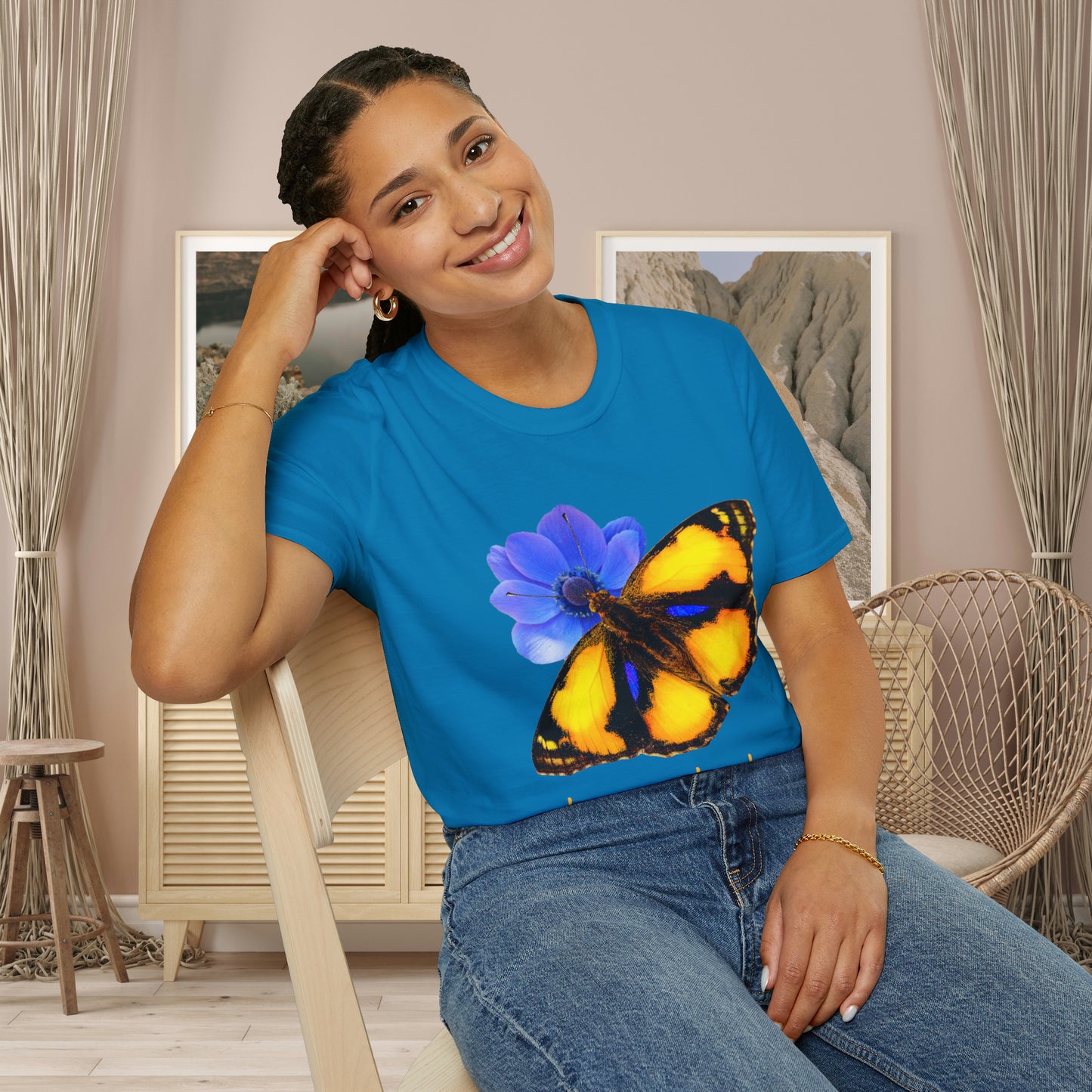 Beautiful “become the change" Unisex Softstyle T-Shirt butterfly design. Great as a gift or get one for yourself.