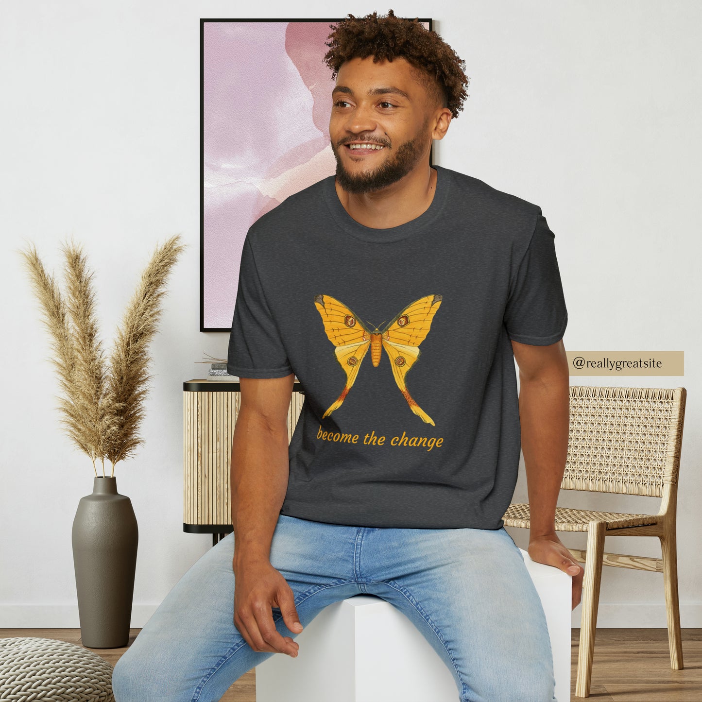 Beautiful butterfly “become the change” Unisex Softstyle T-Shirt design. A great and timeless message on a shirt.