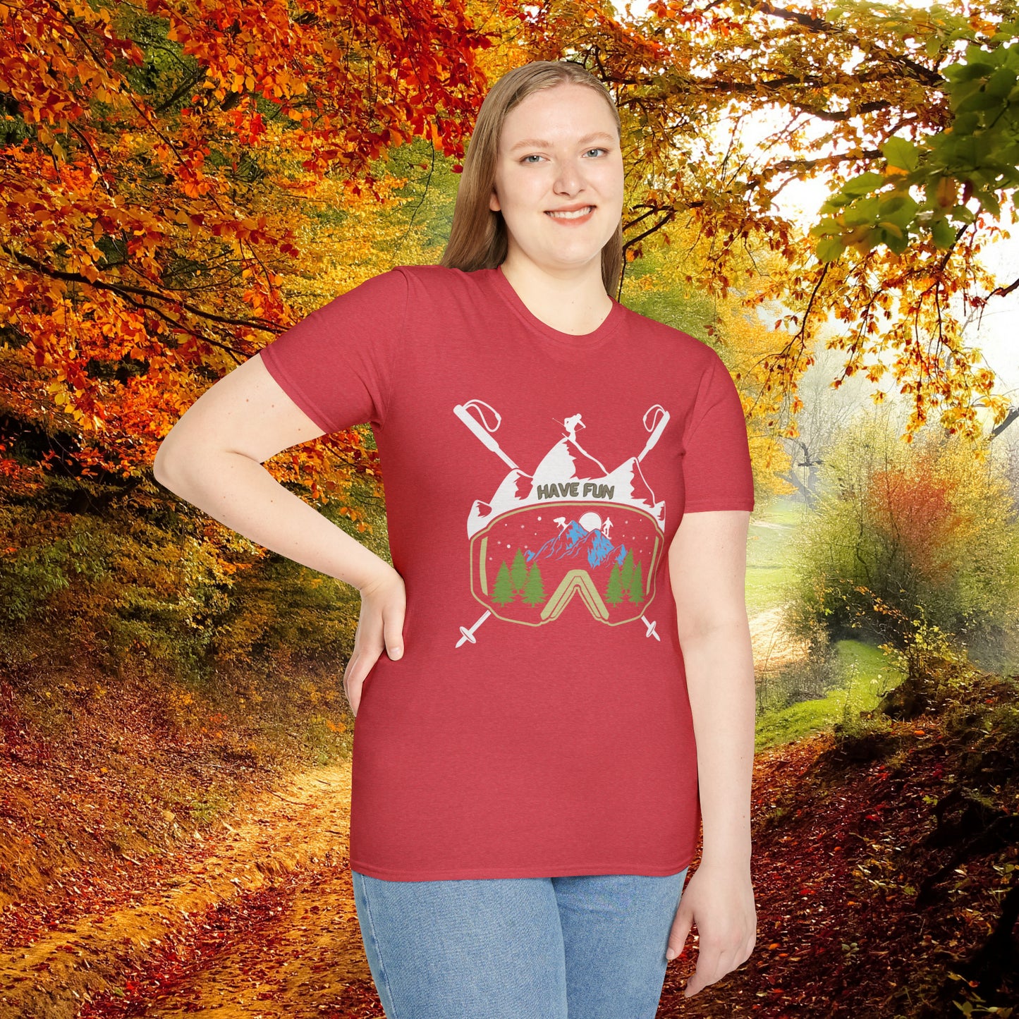 Winter fun! Go ski, snowboard and enjoy all that powder! This is a Unisex Softstyle T-Shirt.
