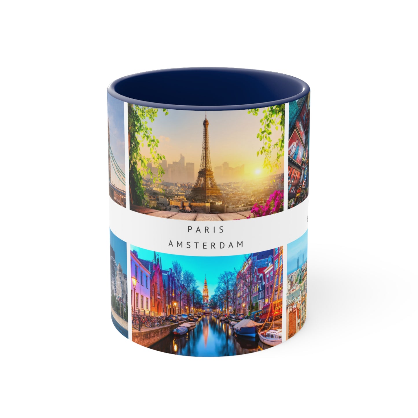 London, Montreal, Paris, Amsterdam, New York and Barcelona! This Travel Accent Coffee Mug is a part of a Travel Series for you to choose from. 11oz. Great as a gift or get one to enjoy yourself.