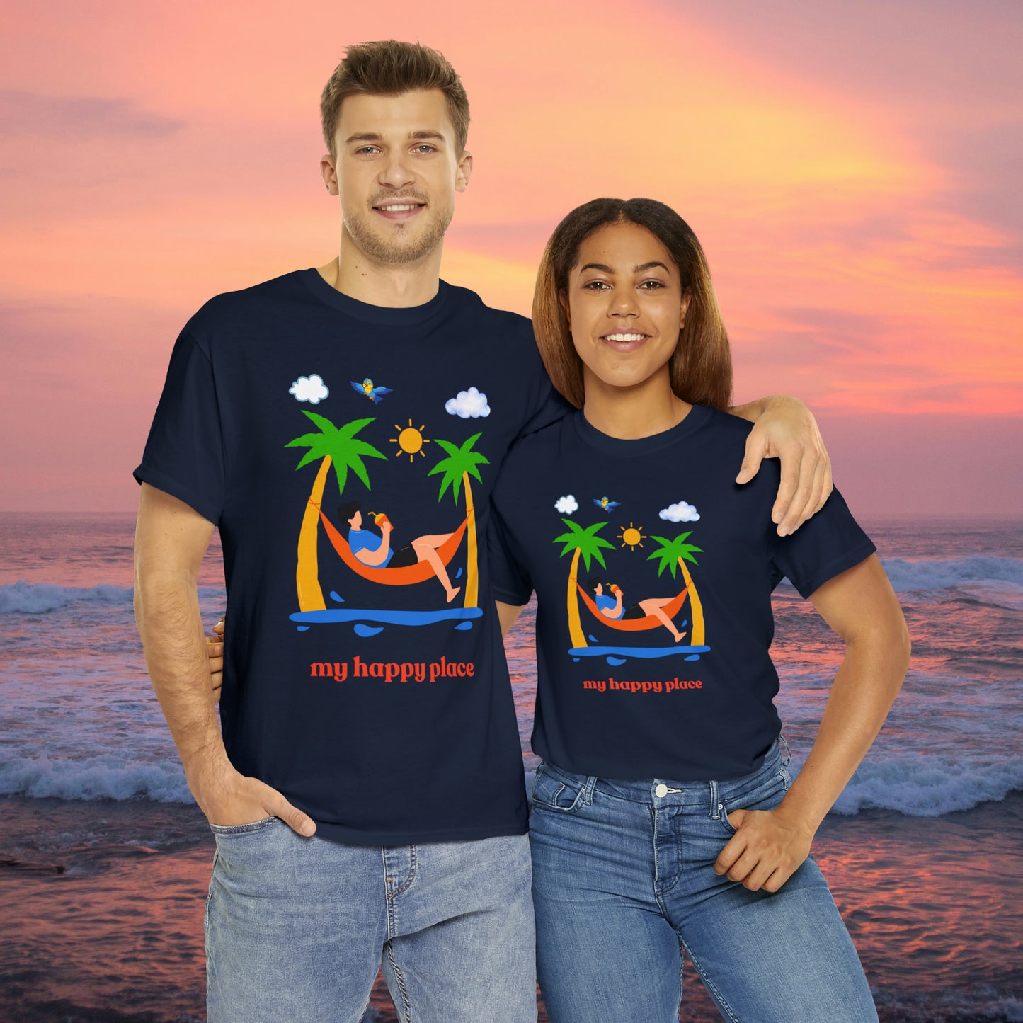 Is the beach your happy place? This is the shirt for you if it is. This Unisex Heavy Cotton Tee makes for a great gift or get one to enjoy yourself.