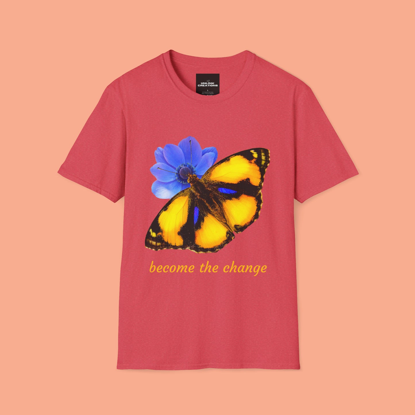 Beautiful “become the change" Unisex Softstyle T-Shirt butterfly design. Great as a gift or get one for yourself.