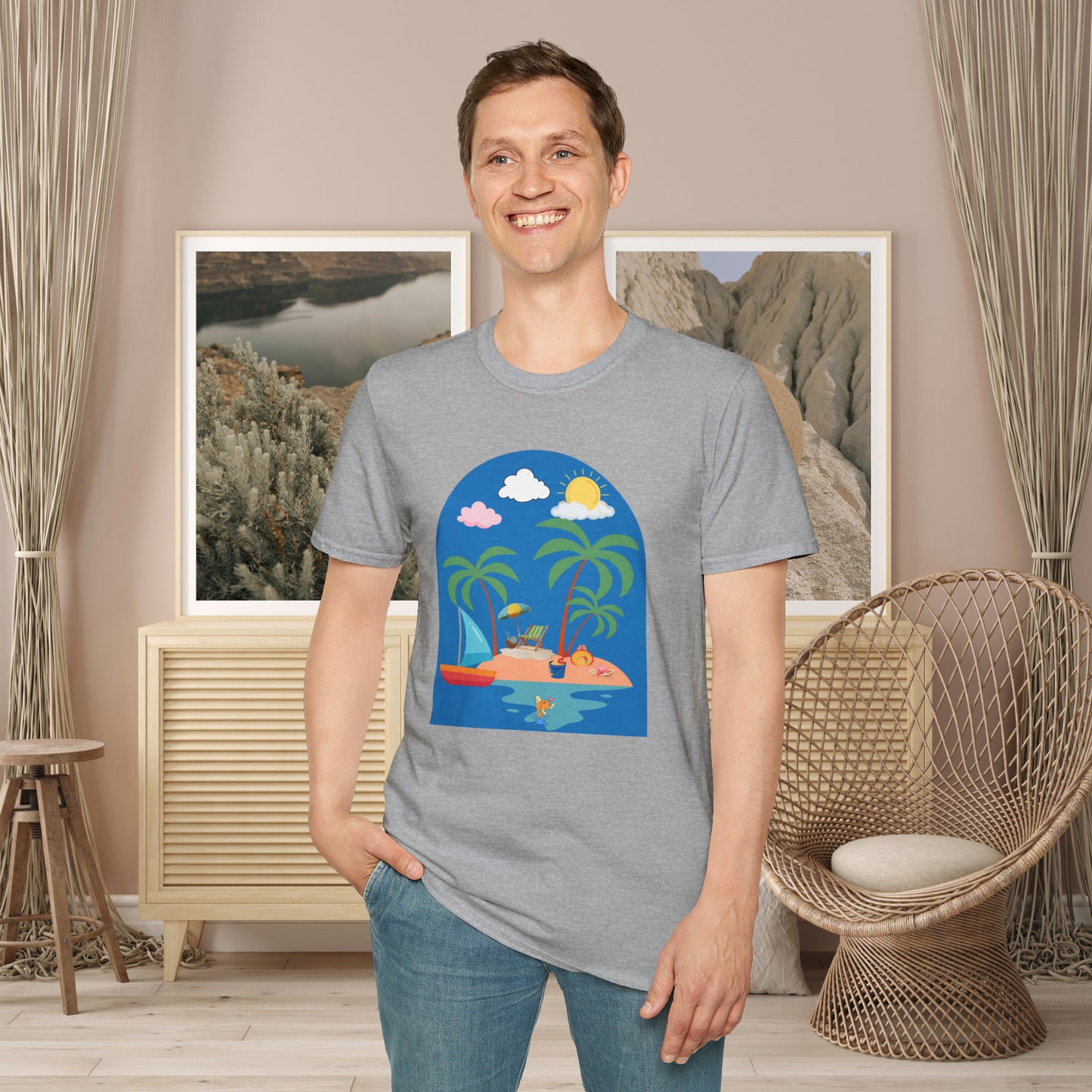 Do you smile when you think of being on an island with the sun, sand and breeze embracing you? This Unisex Softstyle T-Shirt is made for that beach loving person.