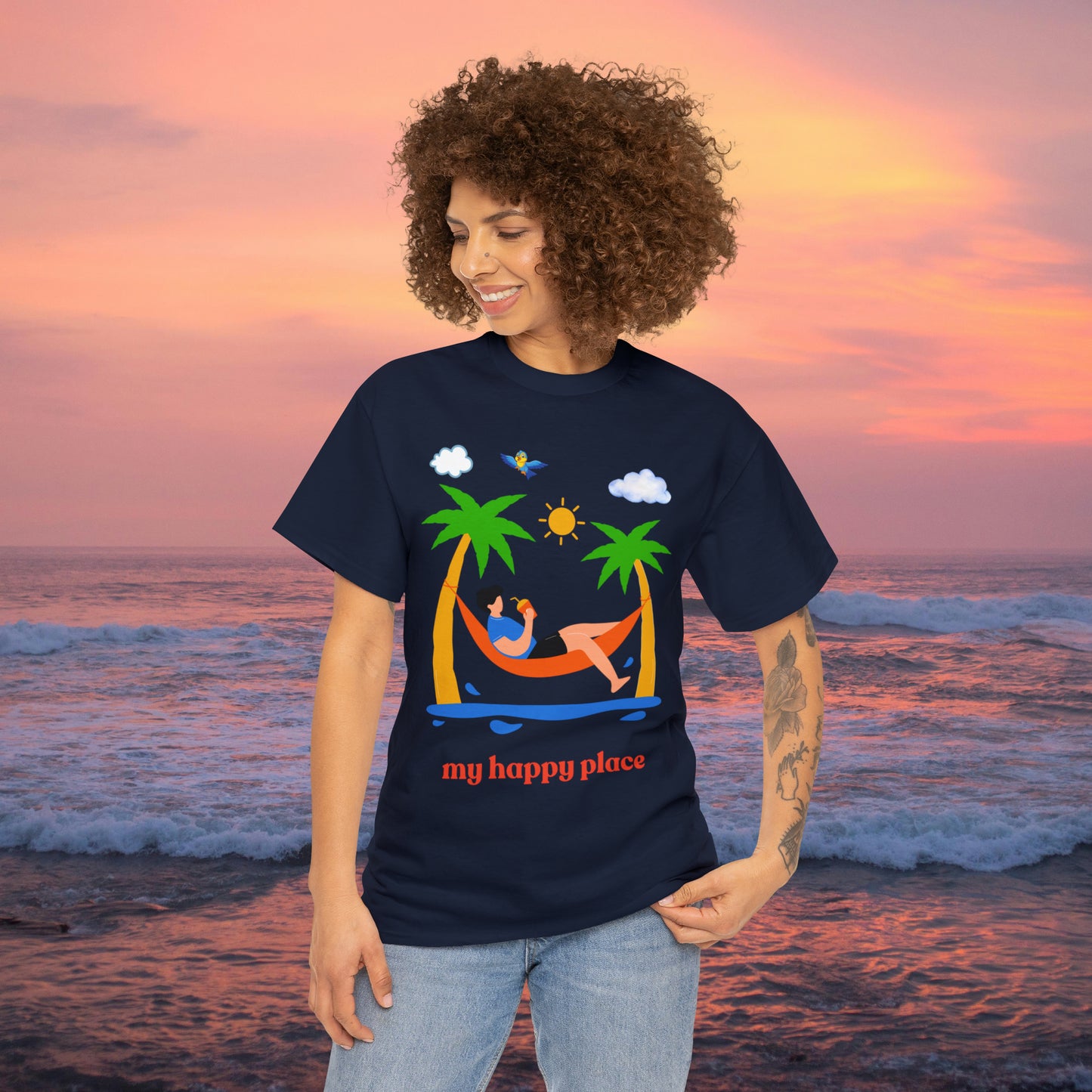 Is the beach your happy place? This is the shirt for you if it is. This Unisex Heavy Cotton Tee makes for a great gift or get one to enjoy yourself.