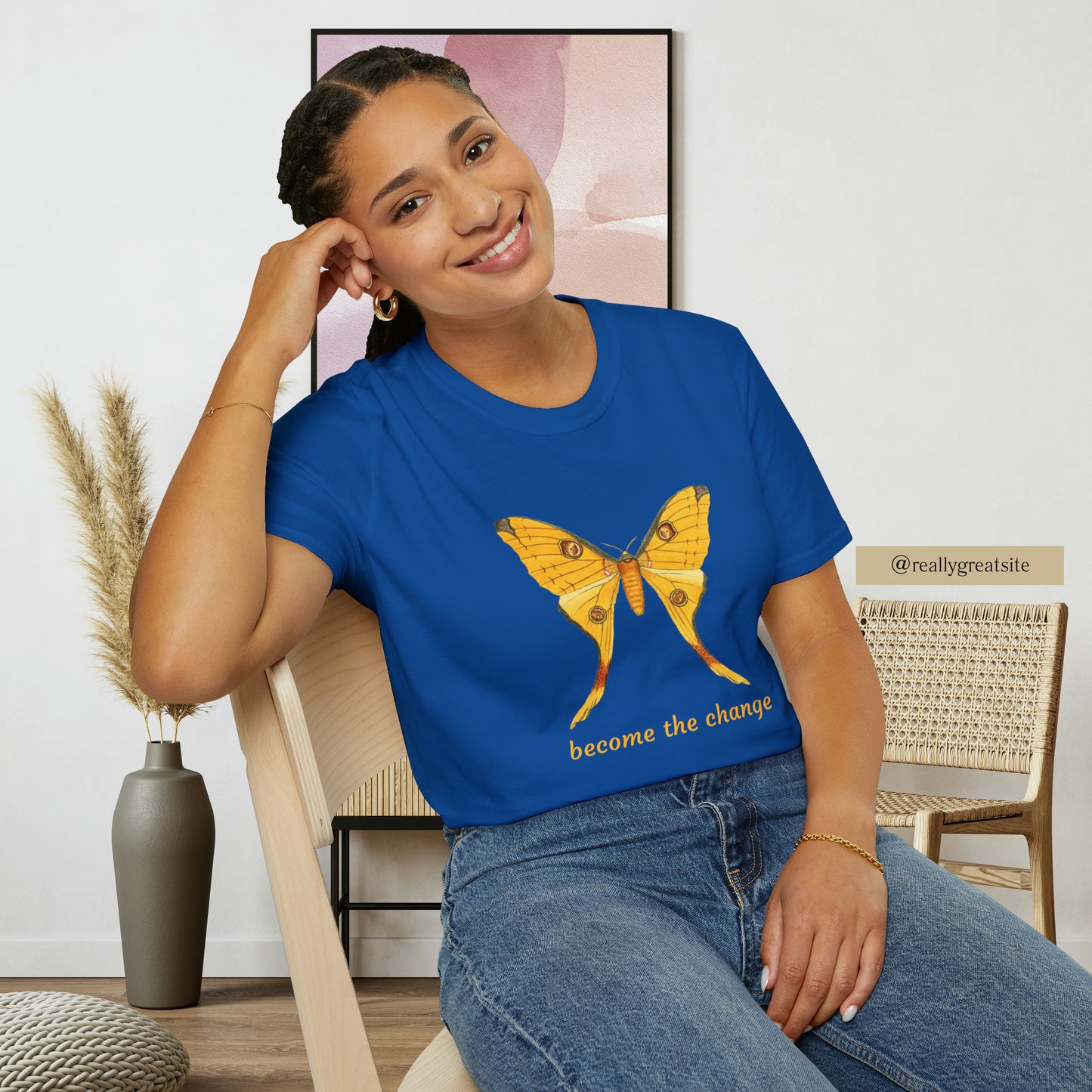Beautiful butterfly “become the change” Unisex Softstyle T-Shirt design. A great and timeless message on a shirt.