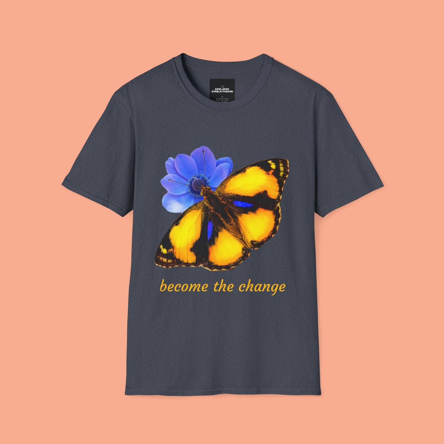 Beautiful “become the change" Unisex Softstyle T-Shirt butterfly design. Great as a gift or get one for yourself.