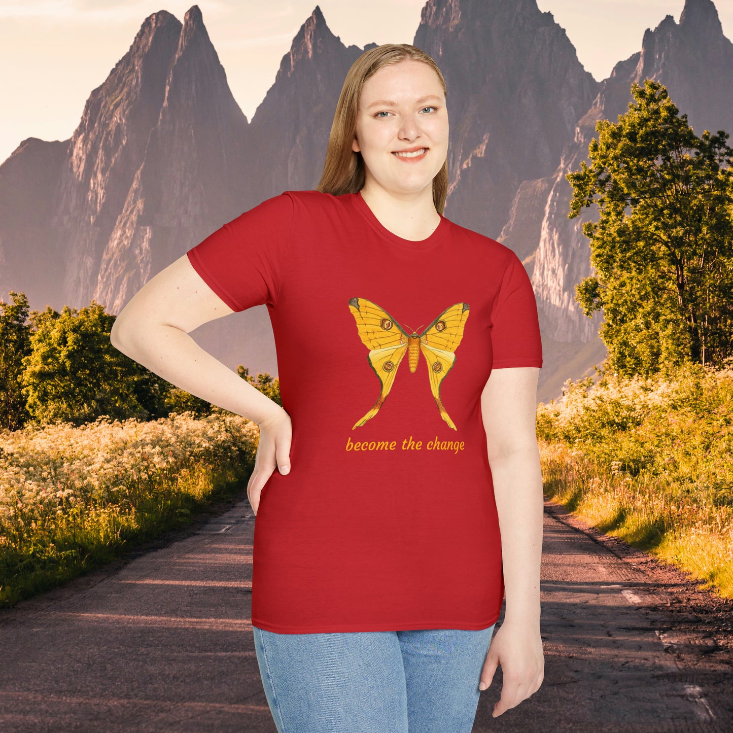 Beautiful butterfly “become the change” Unisex Softstyle T-Shirt design. A great and timeless message on a shirt.