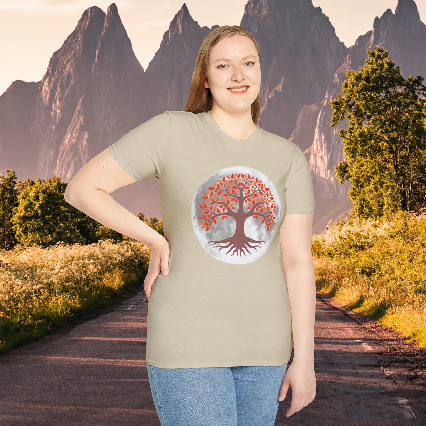 Beautifully strong tree with the moon as its backdrop on this Unisex Softstyle T-Shirt.