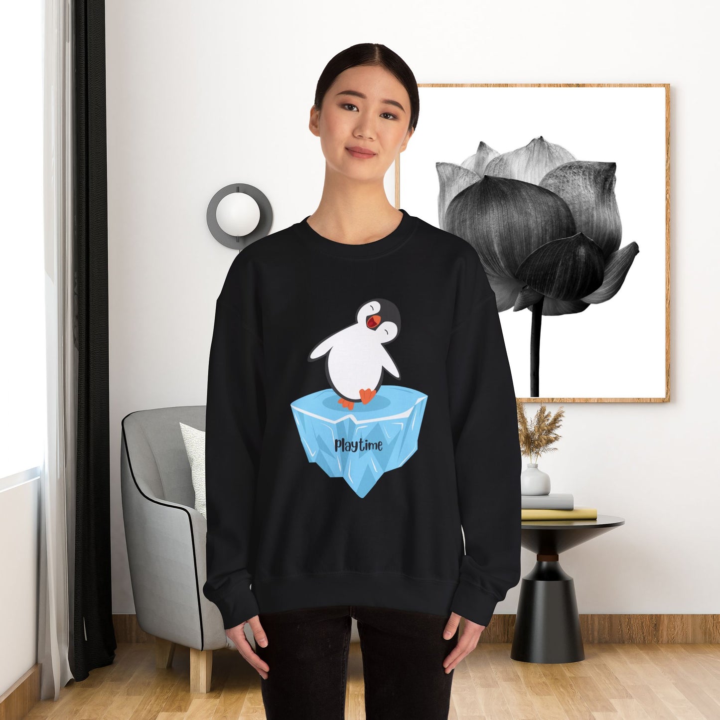 Crewneck Sweatshirt - Playtime Cute Happy Penguin on Iceberg Design